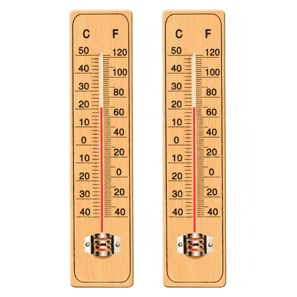 Karrma Ltd. Wooden Garden Thermometer Pack of 2 – 22cm Outdoor Analogue Temperature Gauges in Centigrade & Fahrenheit with Hanging Hook for Garden, Greenhouse & Shed