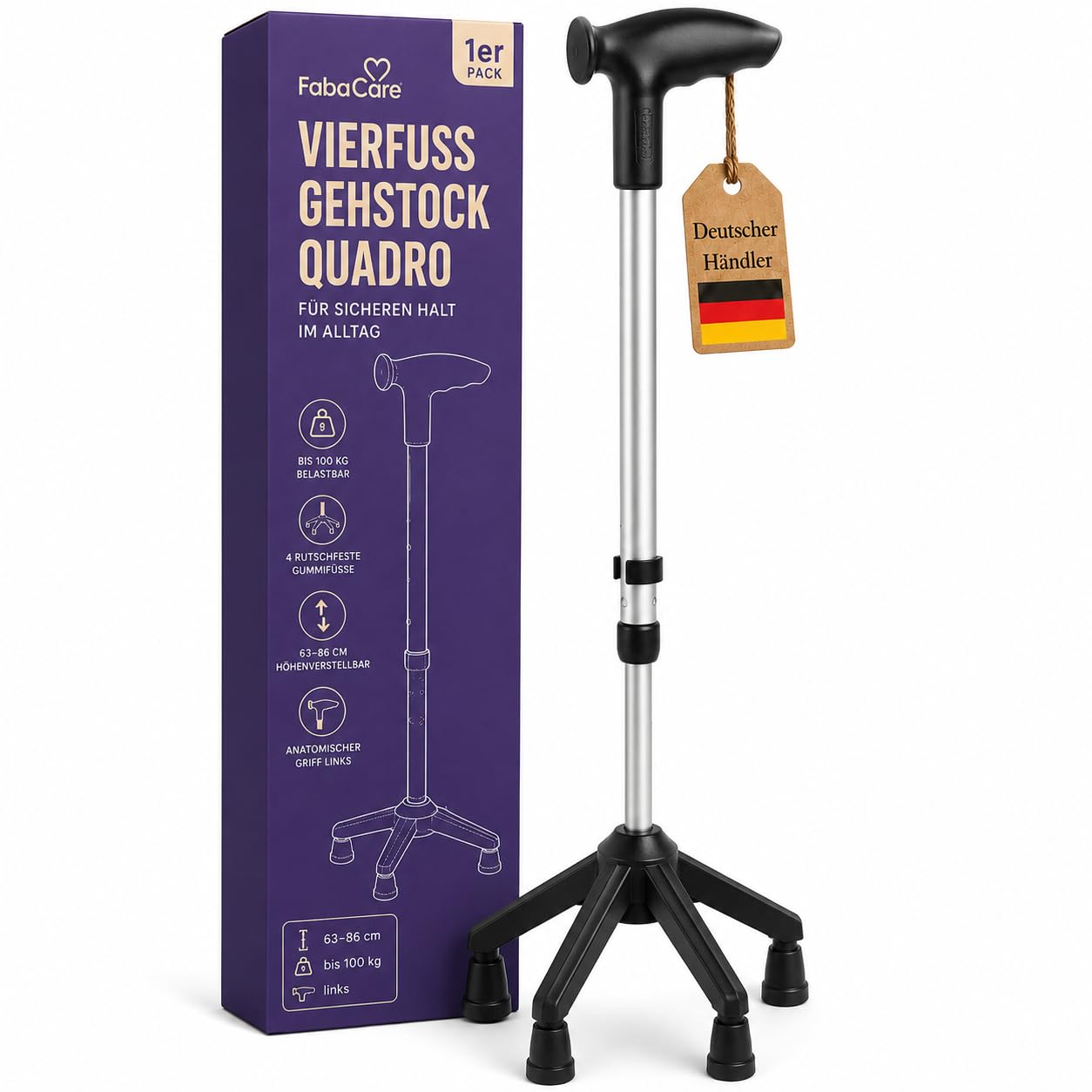 FabaCare Vierfuß Gehstock Quadro mit anatomisch geformten Griff, Vierfußgehstütze, Vierfußgehhilfe, Gehhilfe, Gehrahmen bis 100 kg