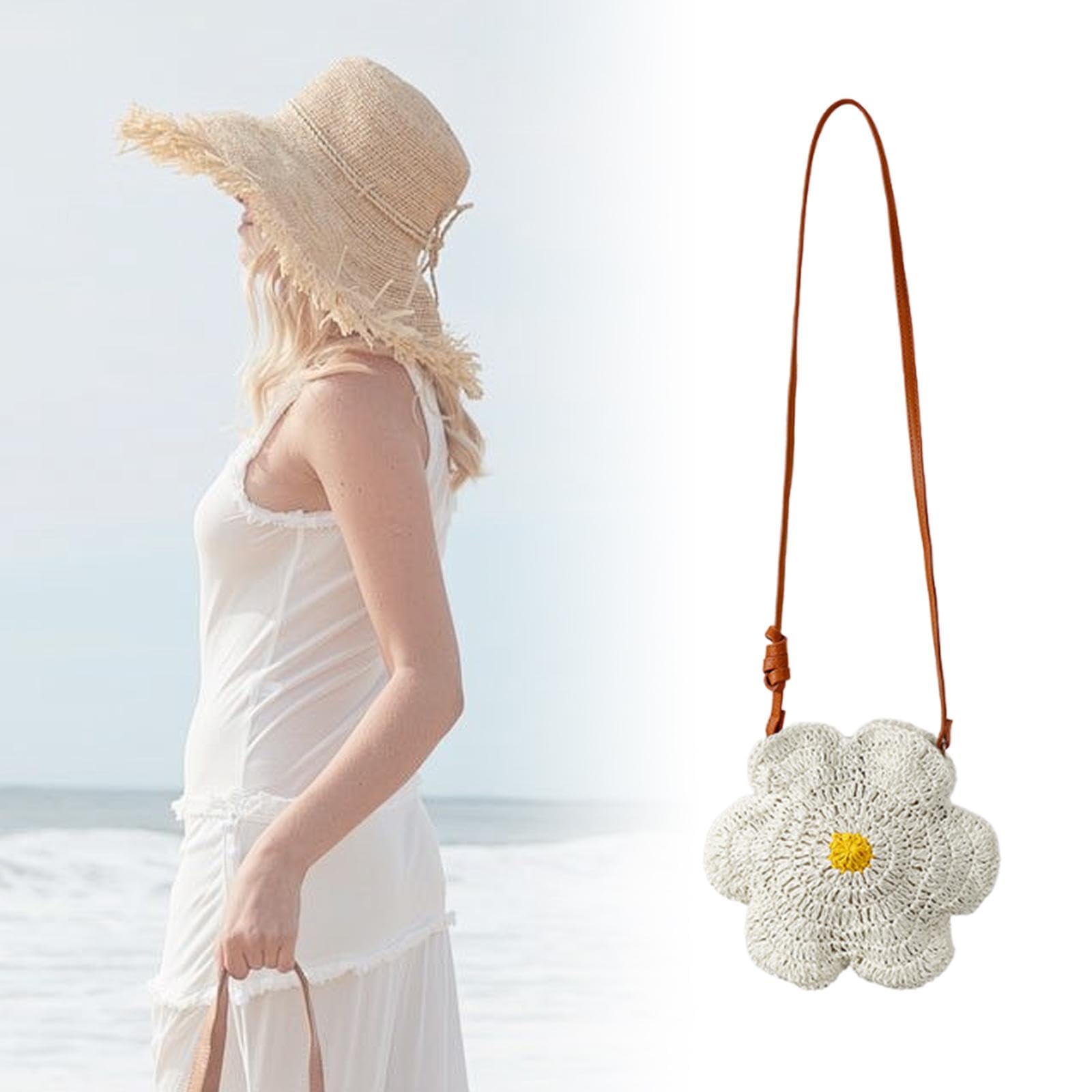 Bolso Cruzado Mujer Bolso Artesanal Tejido Bandolera Bolso de Hombro Flor Decorativa Funcionalidad Ligera Adecuado para Fiestas Playa Compras Viajes