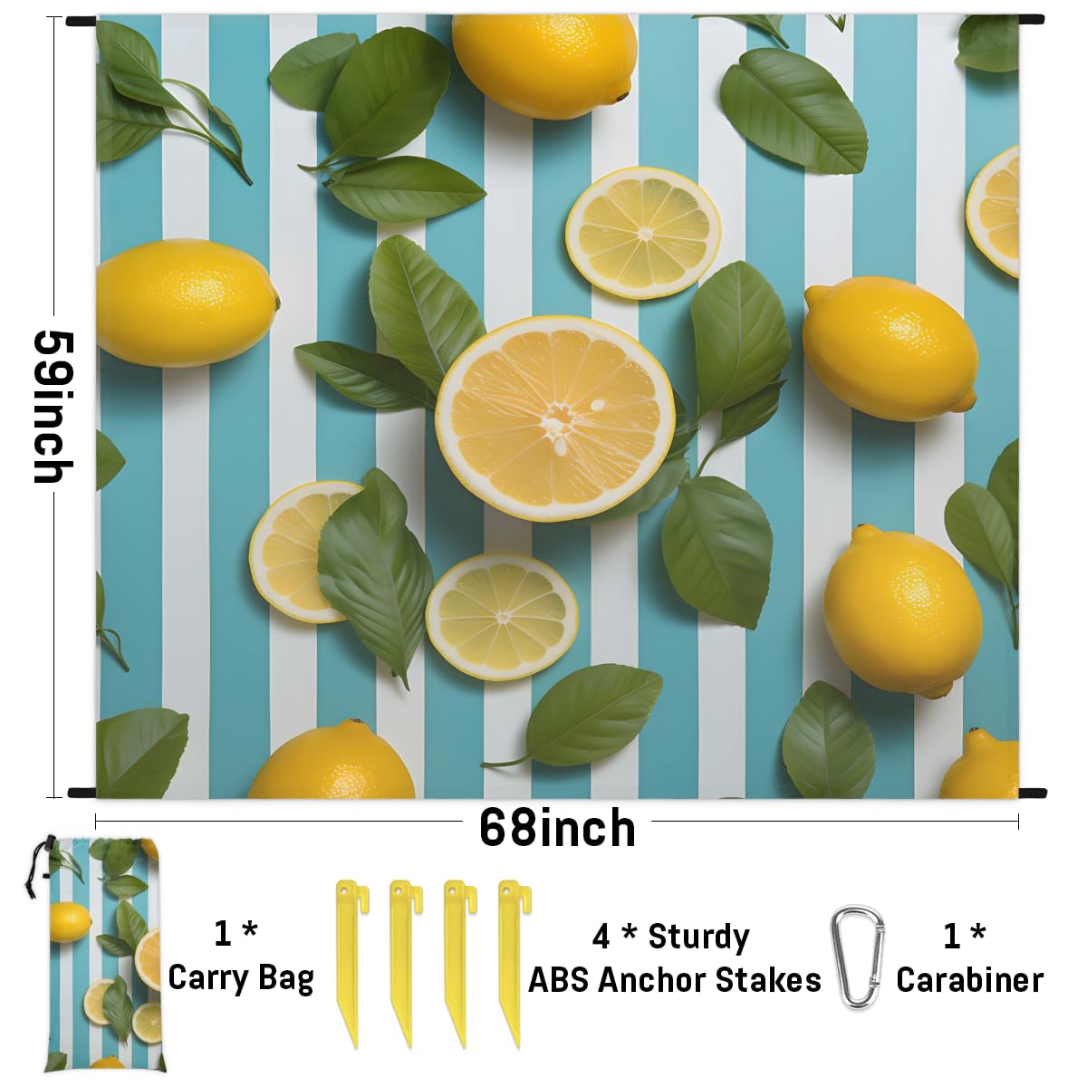 Eabrults Waterproof Sandproof Beach Blanket, 59''×68'' Sour Fruit Slices Polyester Outdoor Picnic Blanket with 4 Stakes & Storage Bag for Beach,Camping,Vacation Green Stripe