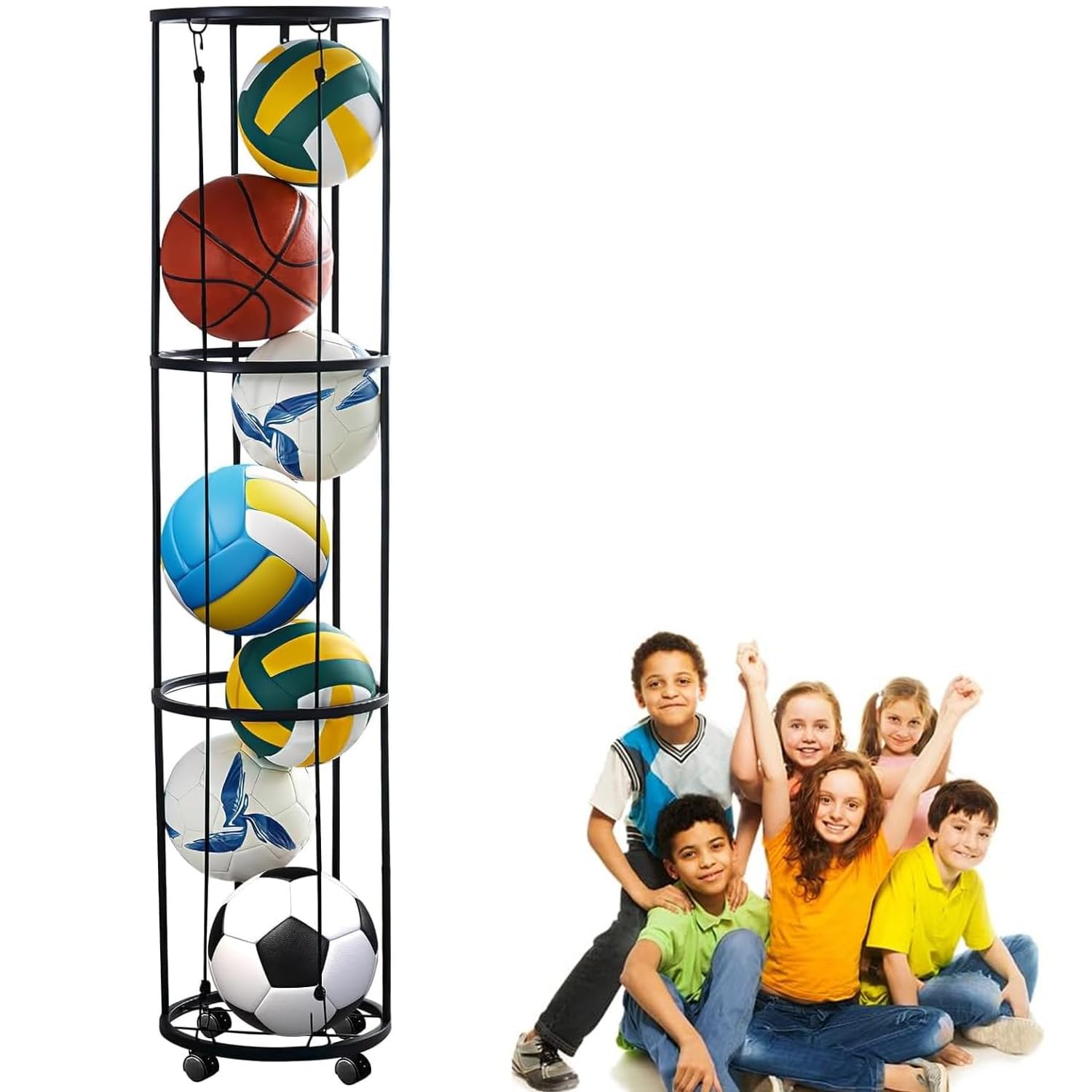 Vertikales Ballständer, Ballständer mit Rollen Ball Aufbewahrung Wandmontierter Ballaufbewahrungskäfig, Ballaufbewahrungsregal für Basketball, Fußball, Volleyball (3-Lagiges)