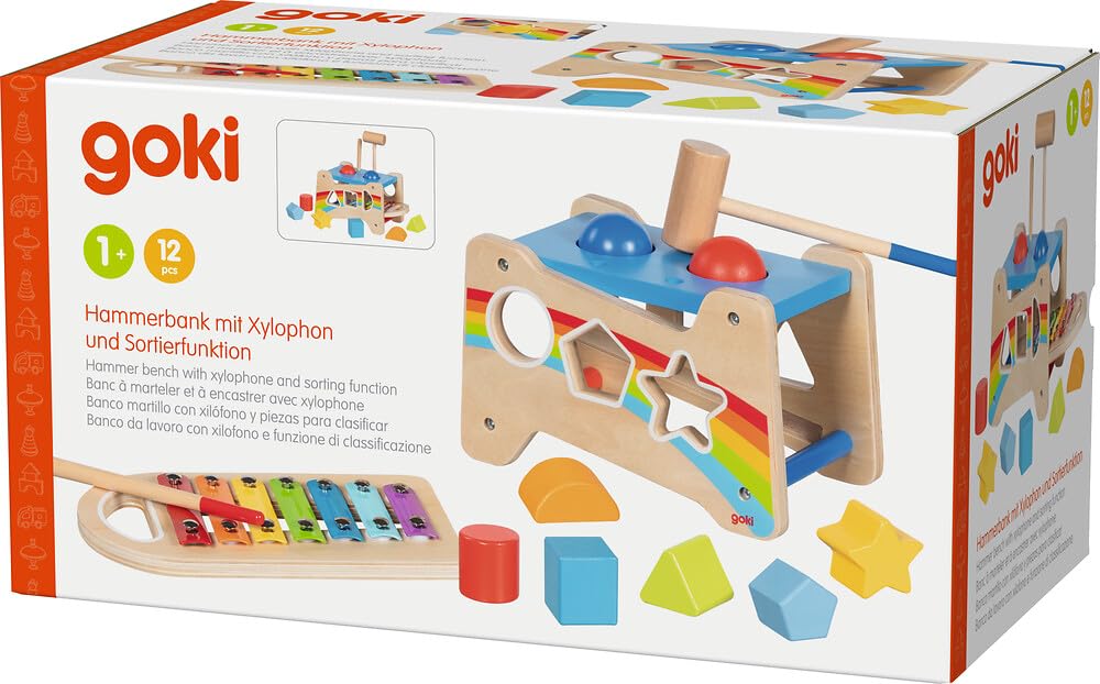 goki 58304 - Panca a martello con xilofono e funzione di smistamento, 12 pezzi, giocattolo motorio in legno con suoneria estraibile – panca 3 in 1, scatola di smistamento, xilofono