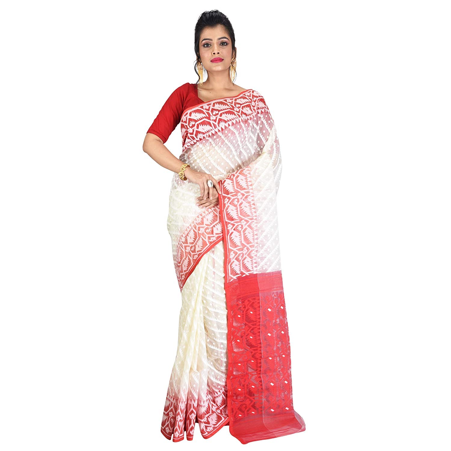 KAKALI SOFT RESHOM KARAT DHAKAI JAMDANI (WHITE_RED)
