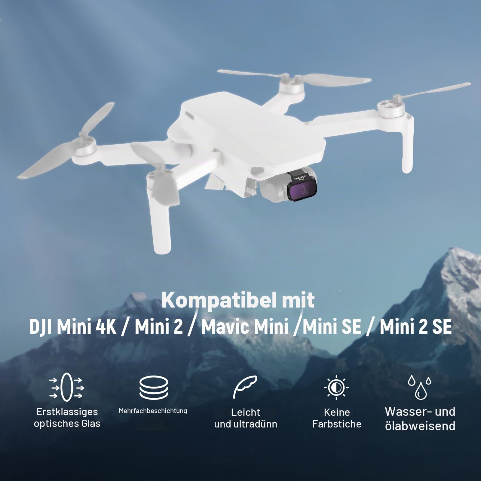 NEEWER ND Filter Set Kompatibel mit DJI Mini 4K/2 SE/SE/2/Mavic Mini (4 STK.) ND4 + ND8 + ND16 + ND32 Snap On Mehrschichtige HD Optisches Glas Neutraldichte Kamera Objektiv Filter Zubehör, FL-B39