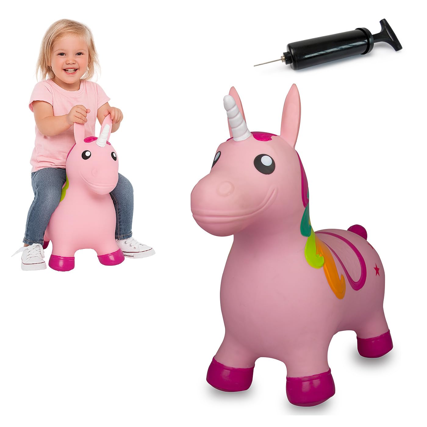 Jamara 460316 - Animale salterino Unicorno colorato con pompa – Sviluppa l'equilibrio e capacità motorie, Orecchie come sostegno, Robusto e resistente fino a 50 Kg