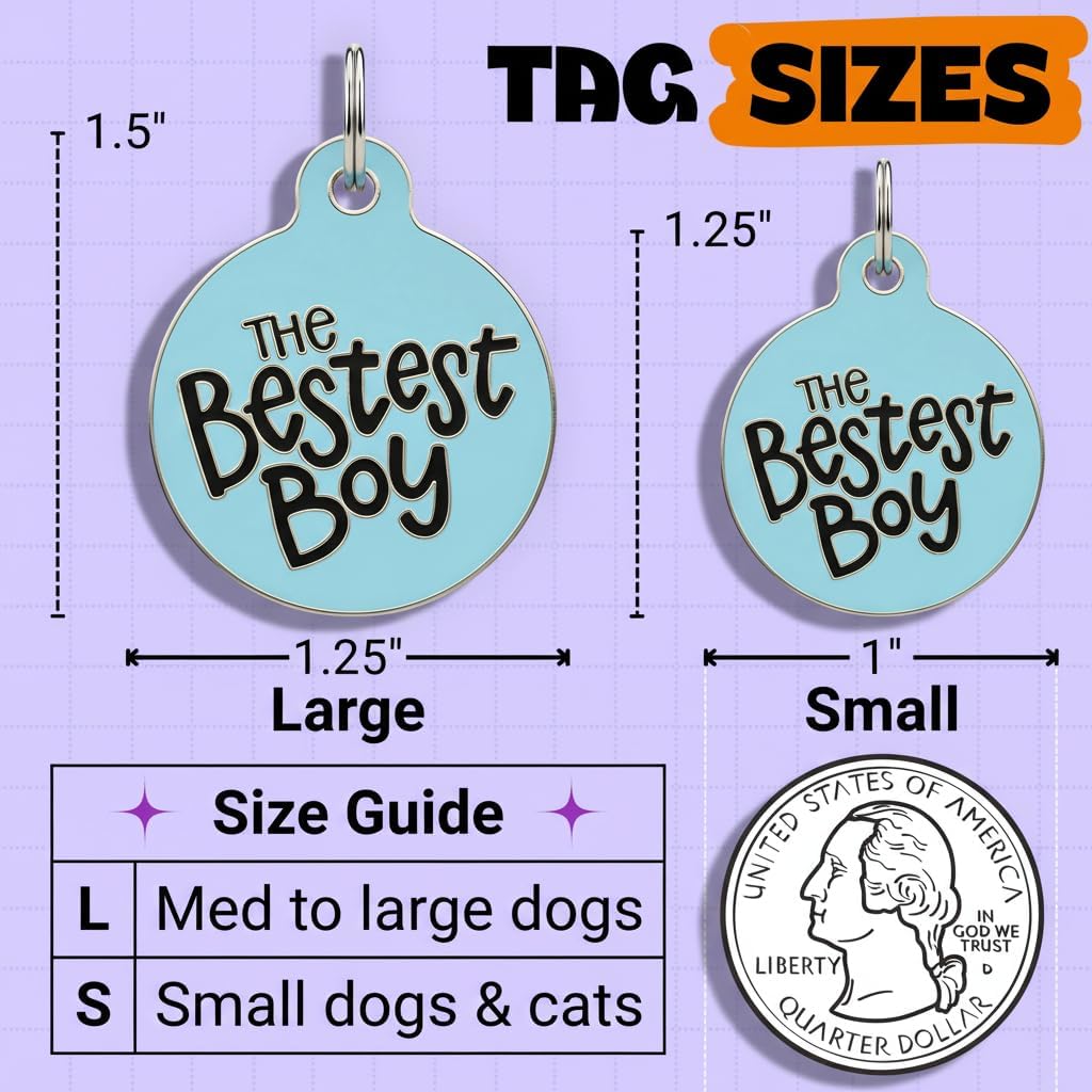 Bad Tags Personalized Dog and Cat ID Tags in 25+ Designs and 2 Sizes - 5 Lines of Custom Engraved Text - Funny Cute Personalized Pet Tags (The Bestest Boy, Small (1 inch))