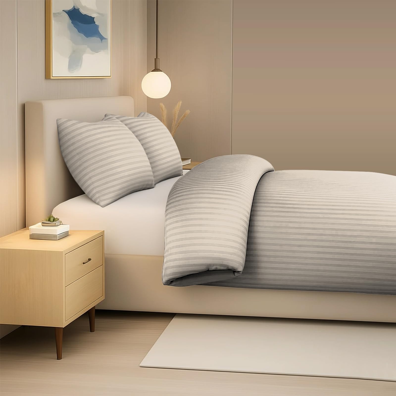 Pamposh Set copripiumino king size a righe satinate, qualità alberghiera, biancheria da letto ipoallergenica ultra morbida in microfibra