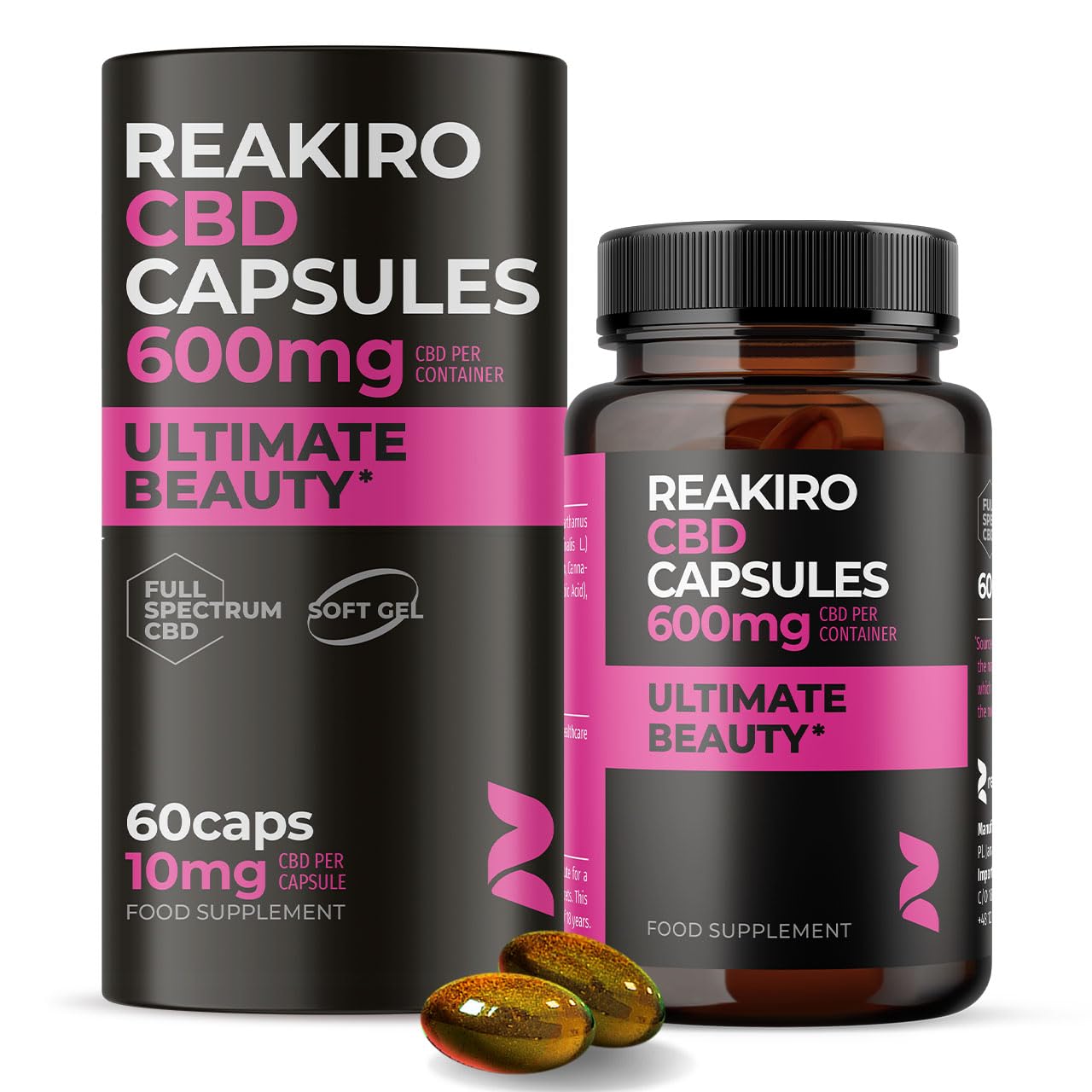 Reakiro Ultimate Beauty CBD Soft Gels 600mg, 60 Capsules | 10mg CBD Oil per Serving I Food Supplement for Stronger Nails and Hair I Enriched with Vitamin C & Vitamin B3