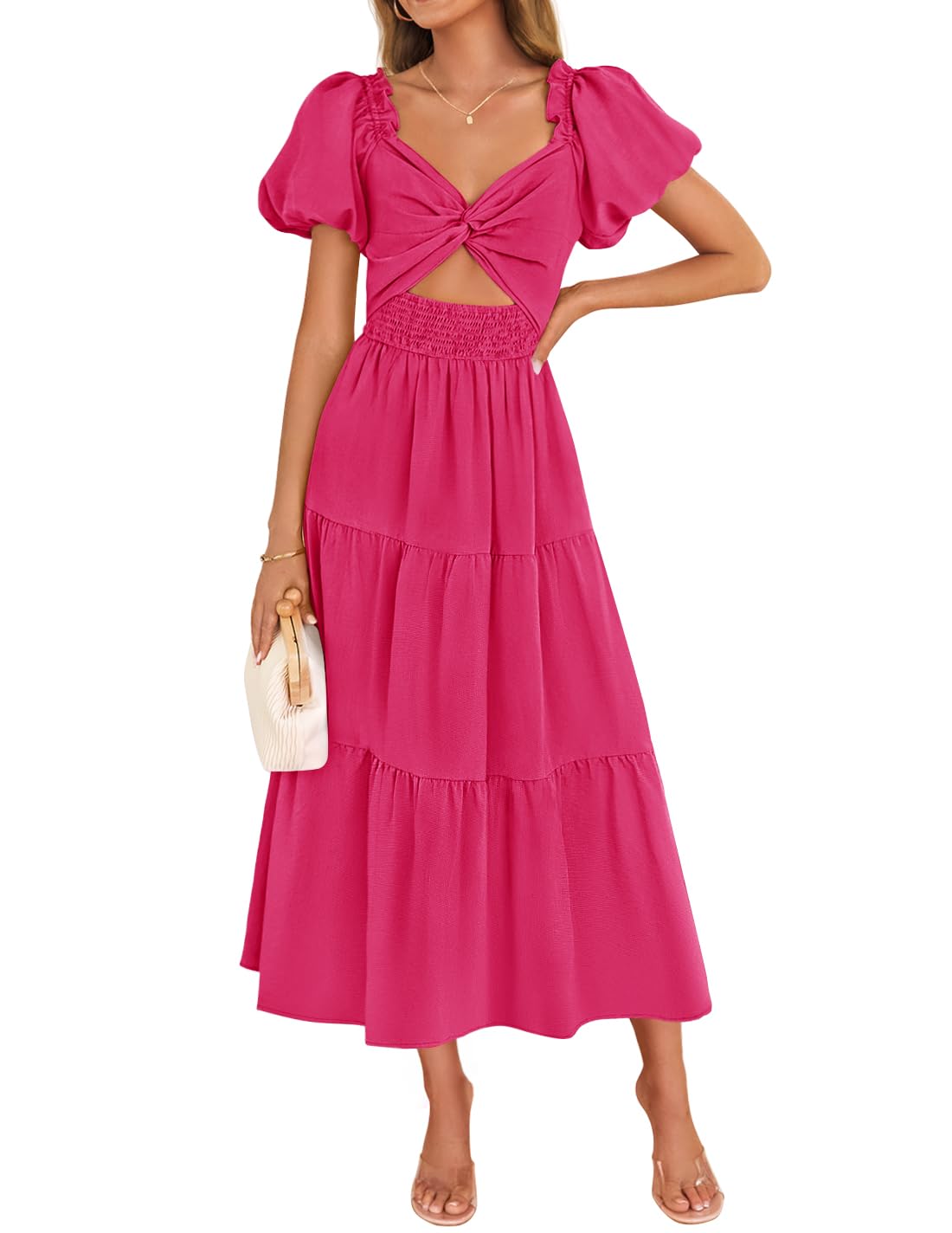 ZESICA Womens Summer 2025 Boho Vacation Dress Short Puff Sleeve Flowy Smocked Cutout A Line Beach Party Dresses