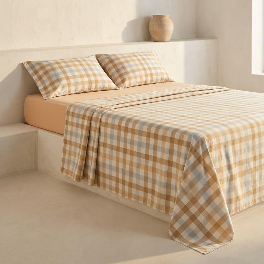 Juego sabanas 100% algodón, Cuadros Vichy Cama 150/160, con Fundas de Almohada, Multicolor.