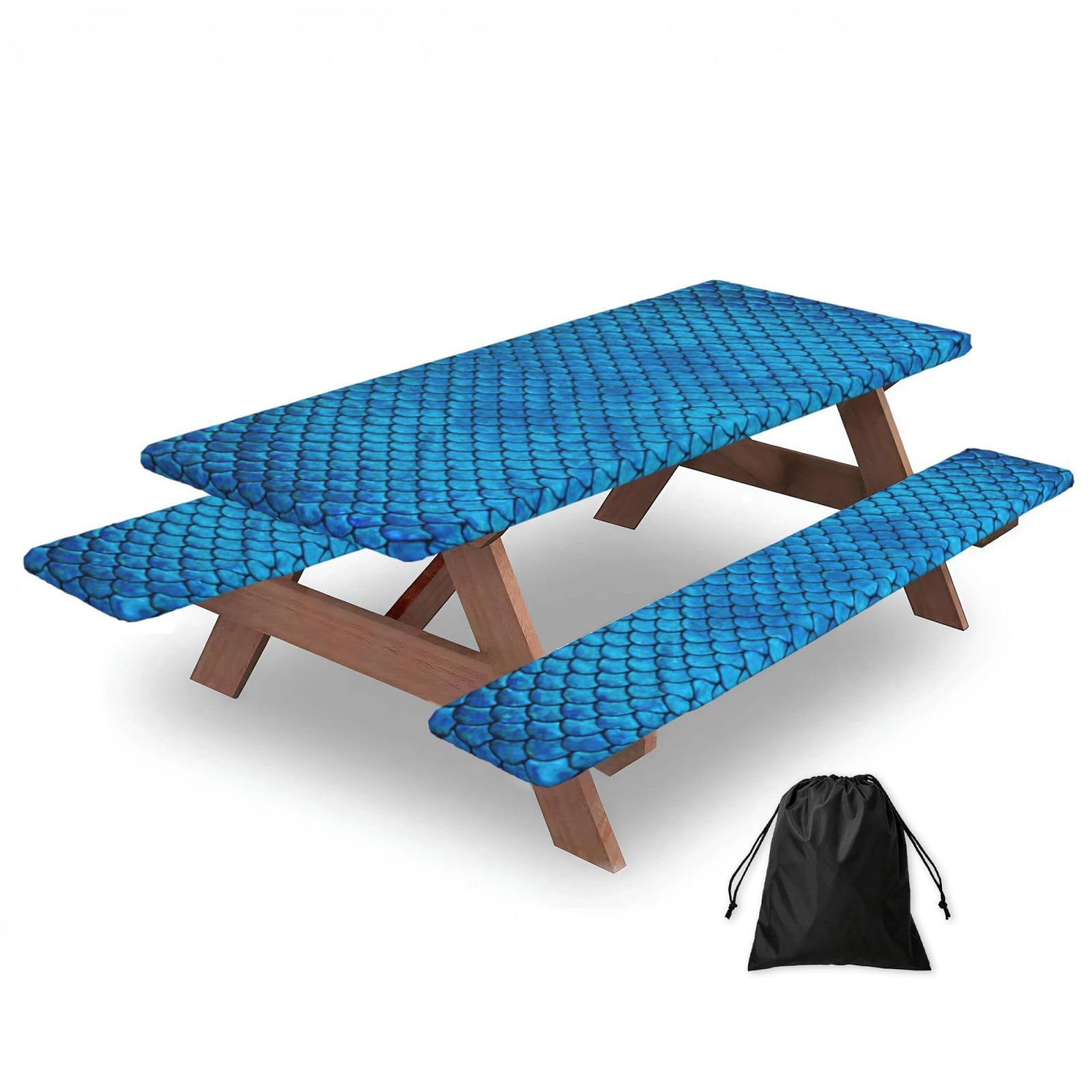 Zyjhyy Black Blue Fish Scale Print Party Table Covers With Bench Covers Set Of 3 Picnic Table Cloth Wipe Clean For Garden Camping