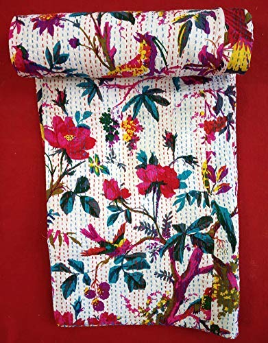 Textile export creations Creations Traditional Ethnic Kantha Indian Bedding Single Emerald Cotton Tropical Fruit Hand Stitched Bedding Bed Cover by Textile export creations Creations(90x60 Inch)