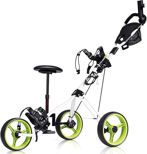 GRAFFY - Carrito de golf con asiento, carrito de golf de 3 ruedas con mango ajustable en altura, carrito de golf plegable ligero con bolsa de