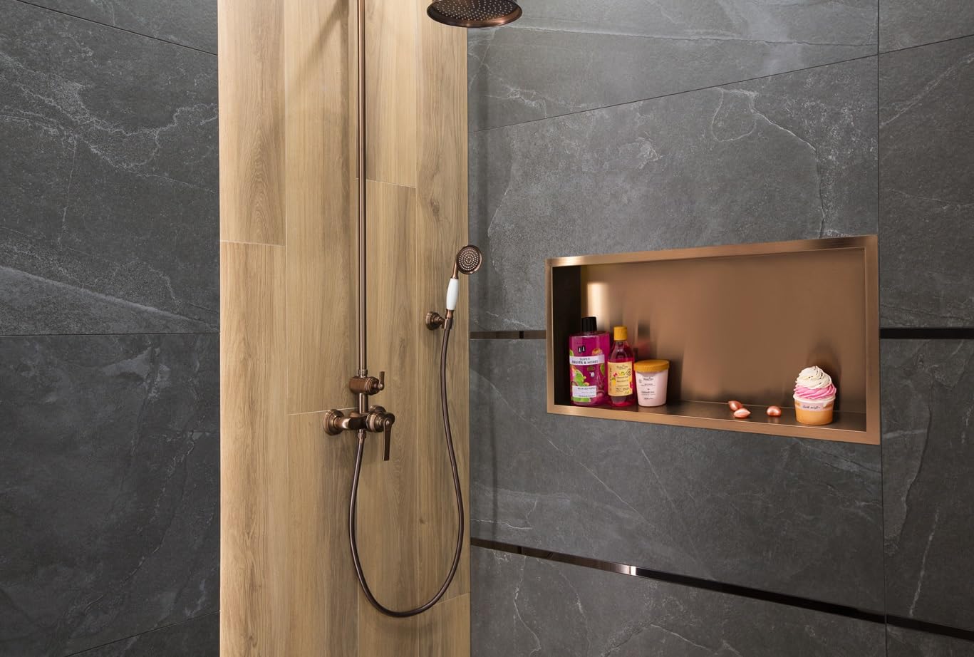 WALL-BOX ONE Nicho de Ducha de Acero Inoxidable Cobre 60x30x7cm, Nicho de Ducha de Pared, Cobre, Impermeable, Instalación de Nicho Flexible, Nicho para Utensilios de Baño, Sin Azulejos