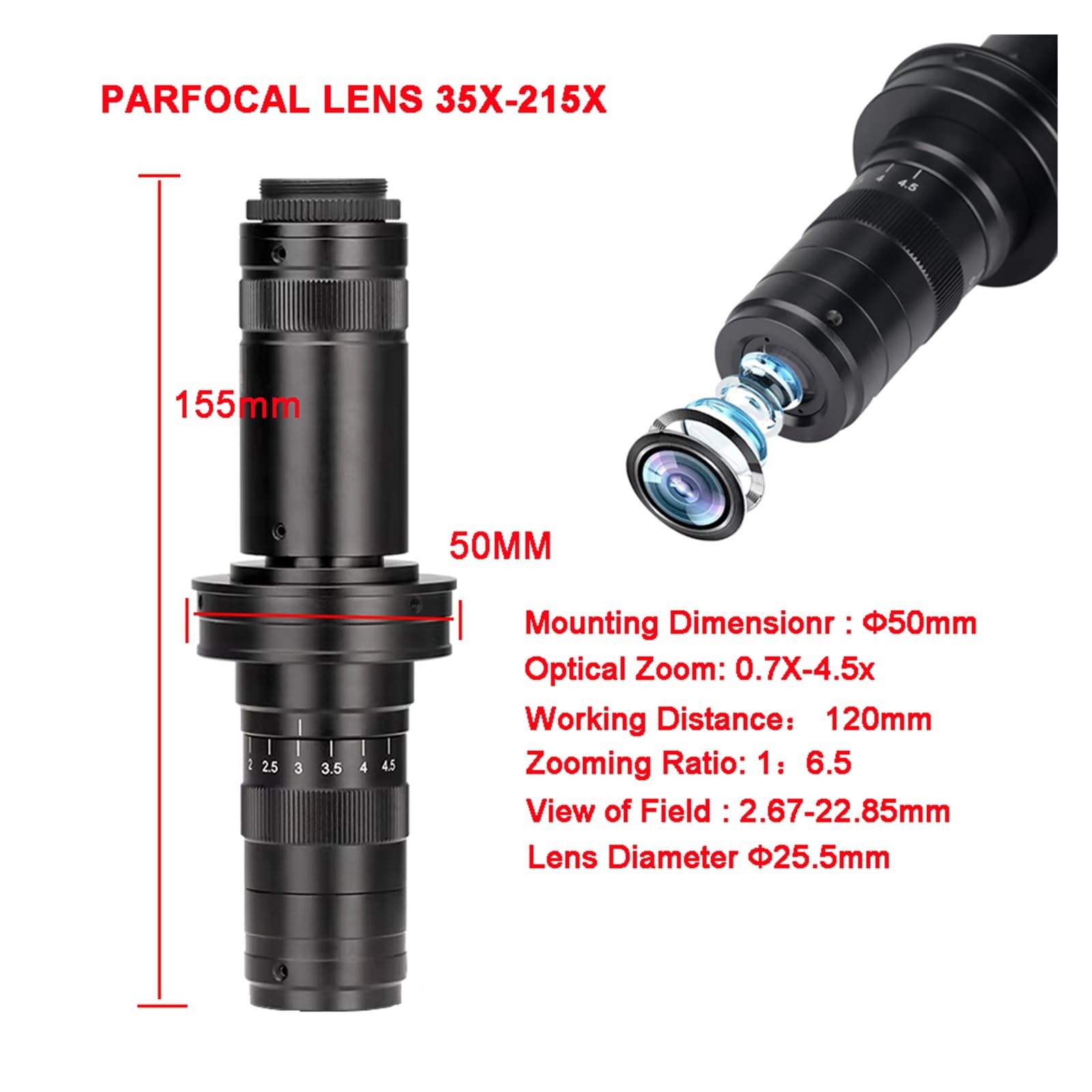Einstellbare Vergrößerung 35X-215X Mikroskop Objektiv Durchmesser 50mm 0,7X-4,5X Optische Zooms C-Mount Typ Interface Konfokale for Kamera