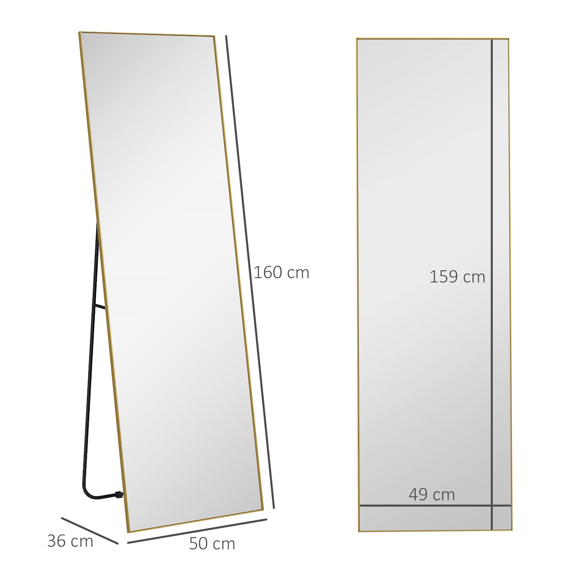 HOMCOM Espejo de Suelo Rectangular de Cuerpo Entero 50x160cm Dorado | Montaje en pared o apoyado contra la pared, para dormitorio, salón y vestidor