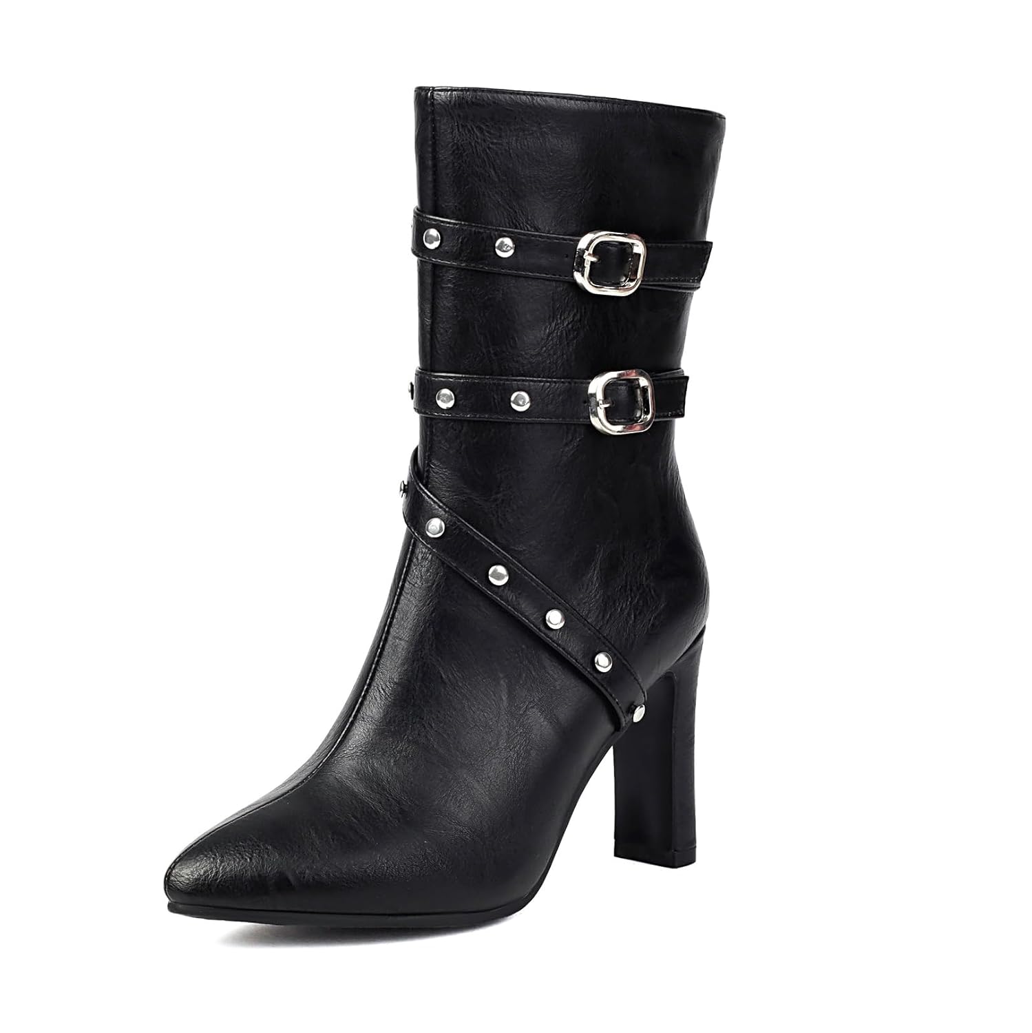 Asterisco Women Mid Calf Boots Block High Heel Zipper Pointed Toe 240794 Size 3 5-11