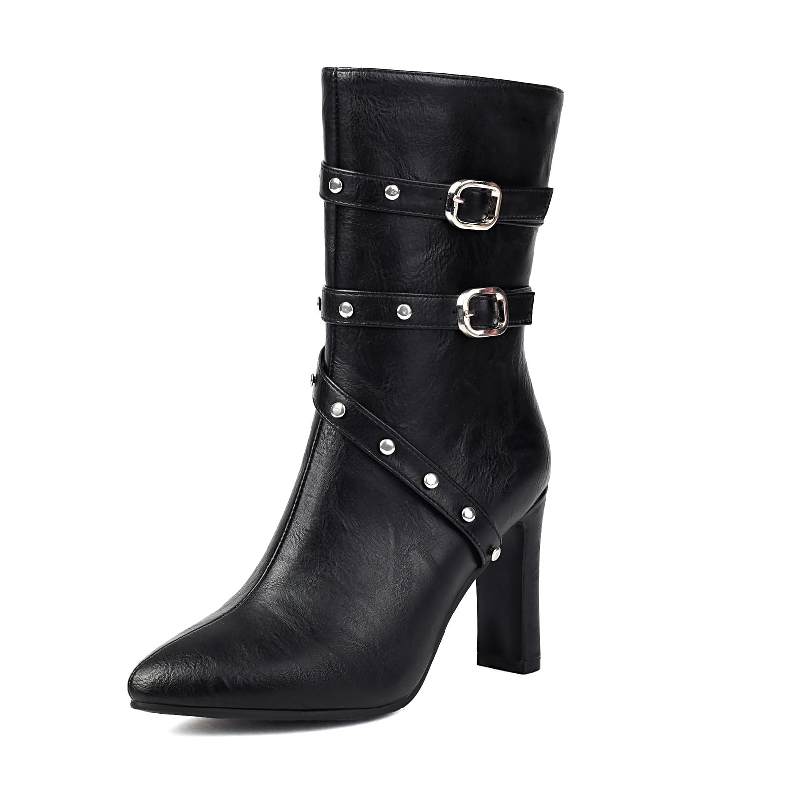 Asterisco Women Mid Calf Boots Block High Heel Zipper Pointed Toe 240794 Size 3 5-11