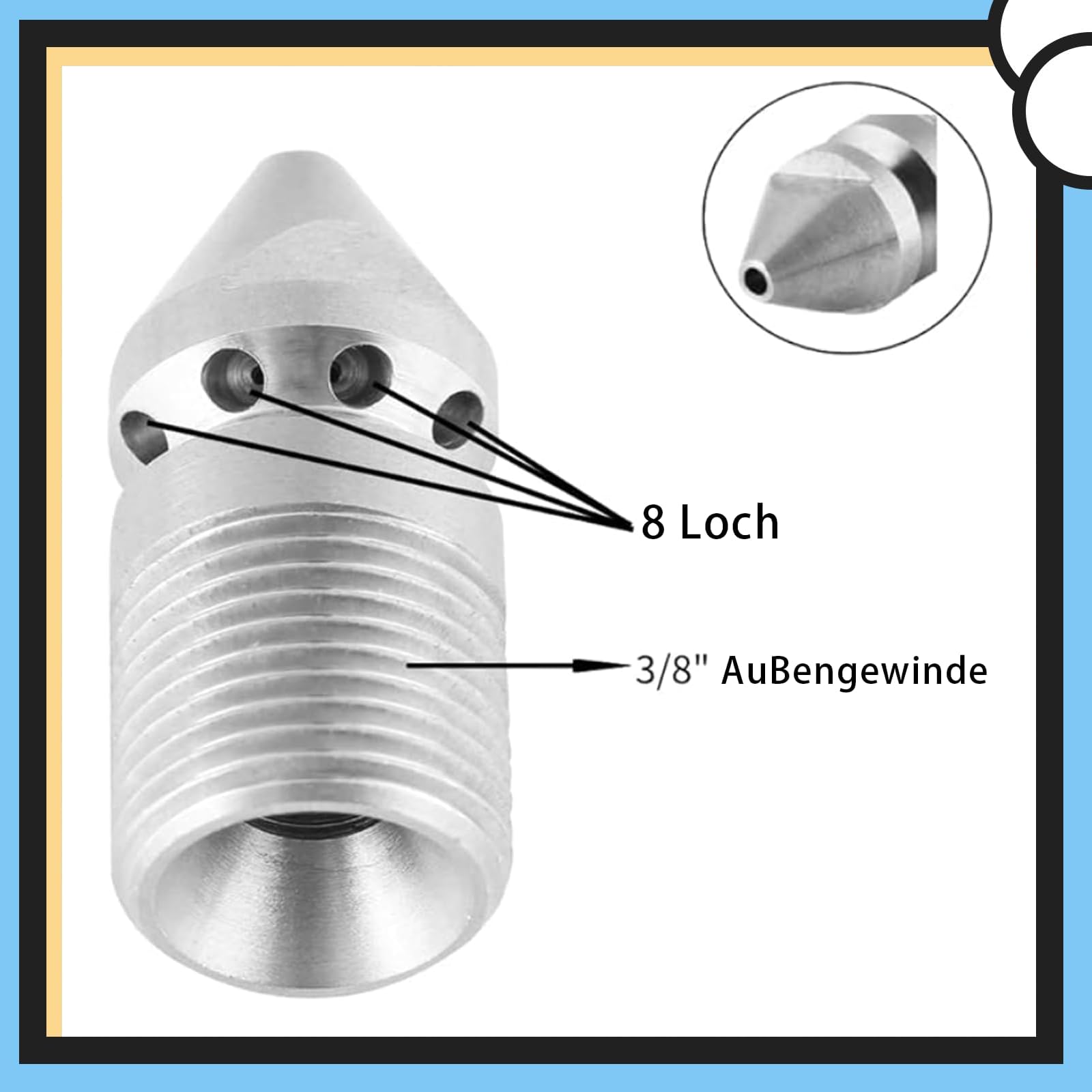 Boquilla de chorro de alcantarillado, boquilla de limpieza de tubería de acero inoxidable de 3/8 ", accesorios de máquina de limpieza de alta presión, boquilla de chorro de drenaje de tubería de limpi