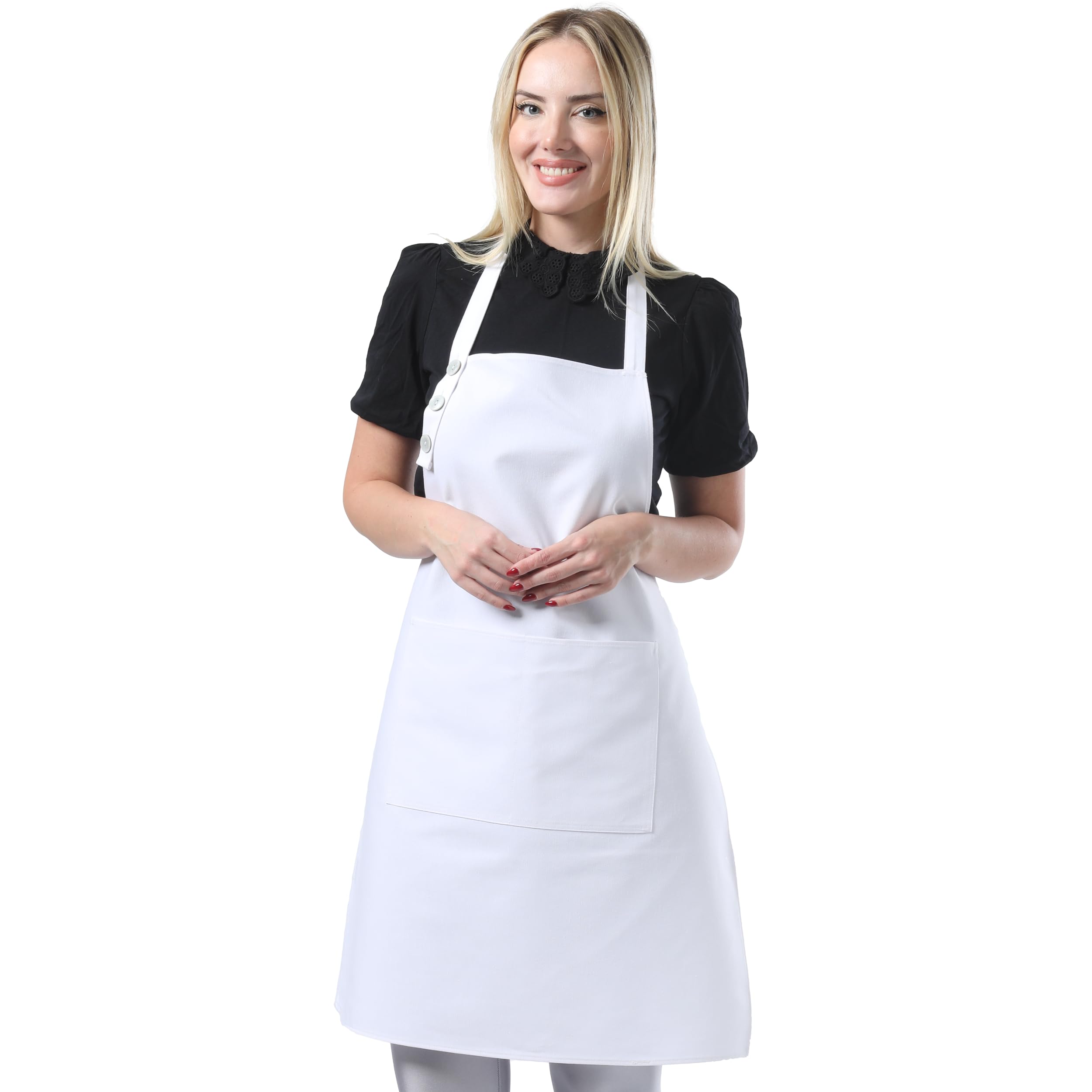 TOSHE Kitchen Apron Waterdrop Resistant Cotton Apron with adjustable Aprons for Women with Pockets 10 Color option Cooking White Apron(White)