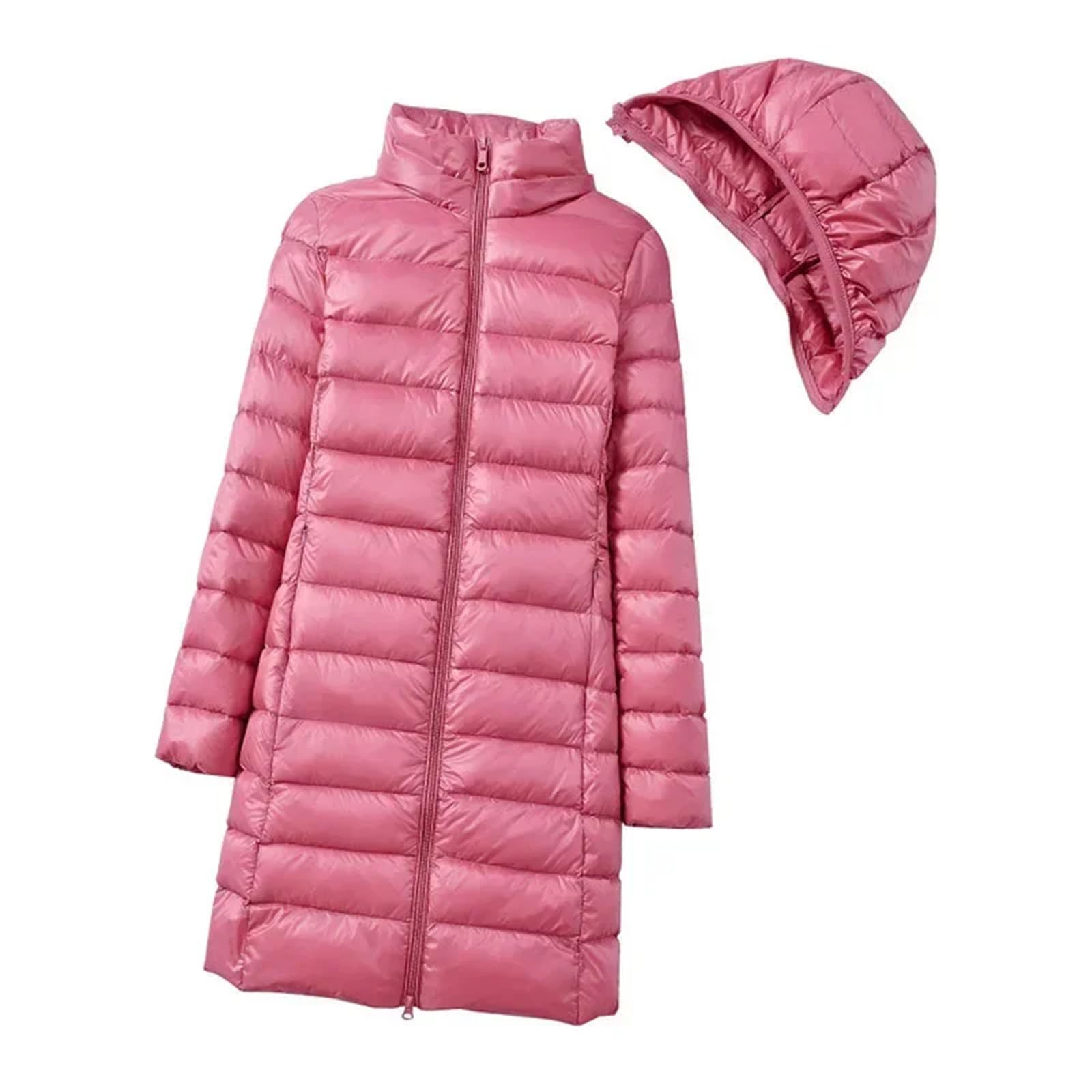 Piumino invernale da donna ultraleggero con cappuccio staccabile pannello elastico arrotolabile, rosa, M