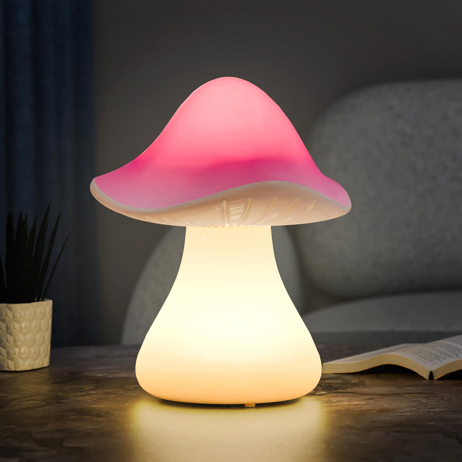 FUYO Rechargeable Mushroom Table Lamp, Battery-Operated Bedside Lamp Dimmable Night Light Shower Lamps Warm White Lighting for Indoor Outdoor Bedroom Nightstand Patio Living Room Bathroom (Pink)
