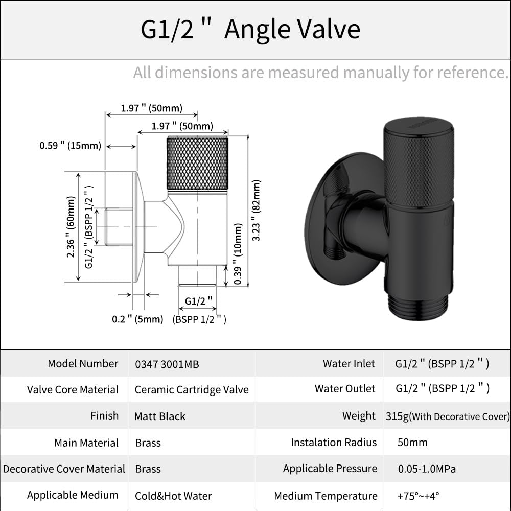 Valvola angolare G1/2" con design ultra sottile per l'uso in spazi ristretti, montaggio a parete, ottone cromato, per lavabo, lavandino (nero opaco)