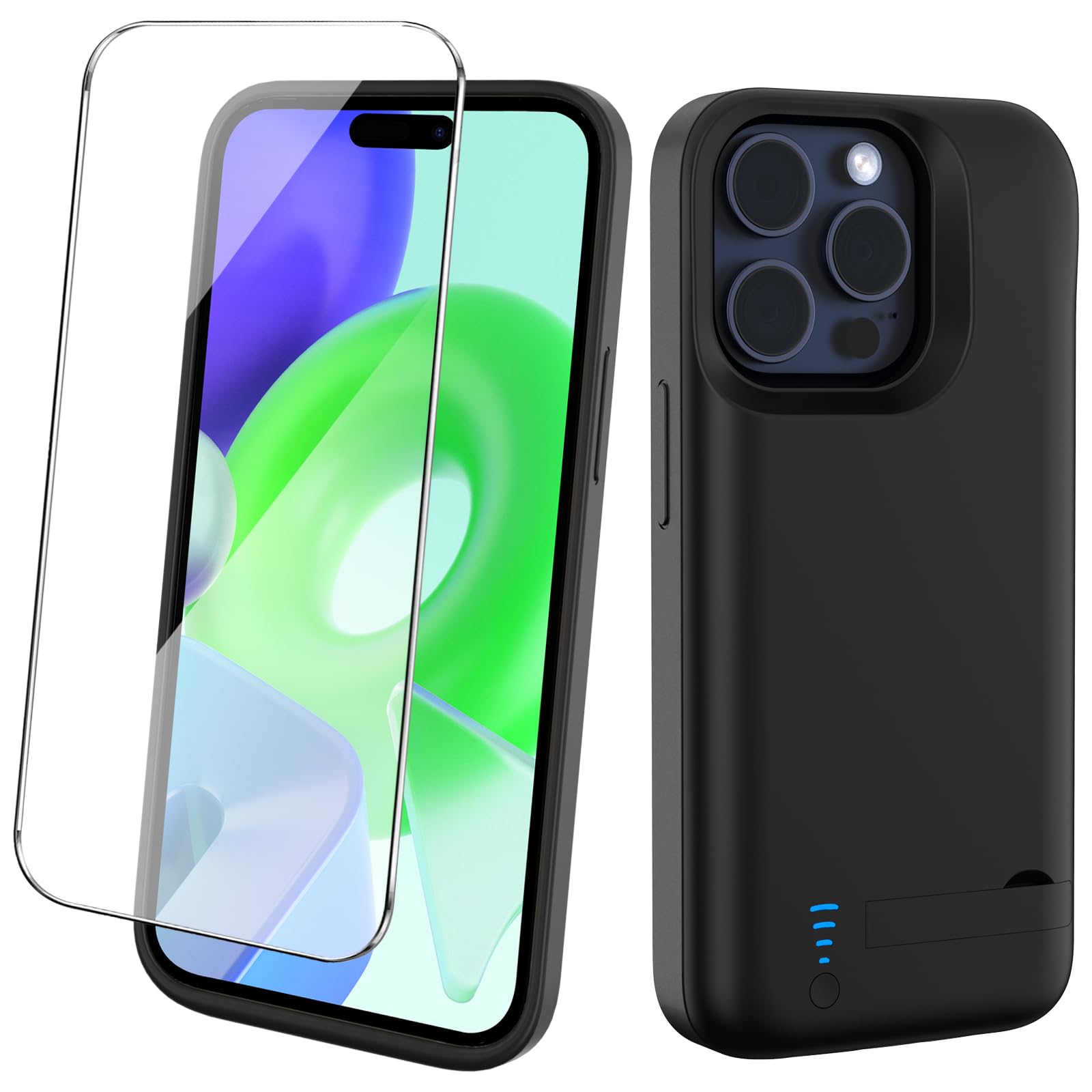 Akkuhülle für iPhone 15 Pro Max, Echte 8500 mAh Powerbank mit Standfuß, Schlanke Wiederaufladbare Erweiterte Ladehülle, Tragbare Schutzhülle mit Akku für iPhone 15 Pro Max (6,7 Zoll)– Schwarz