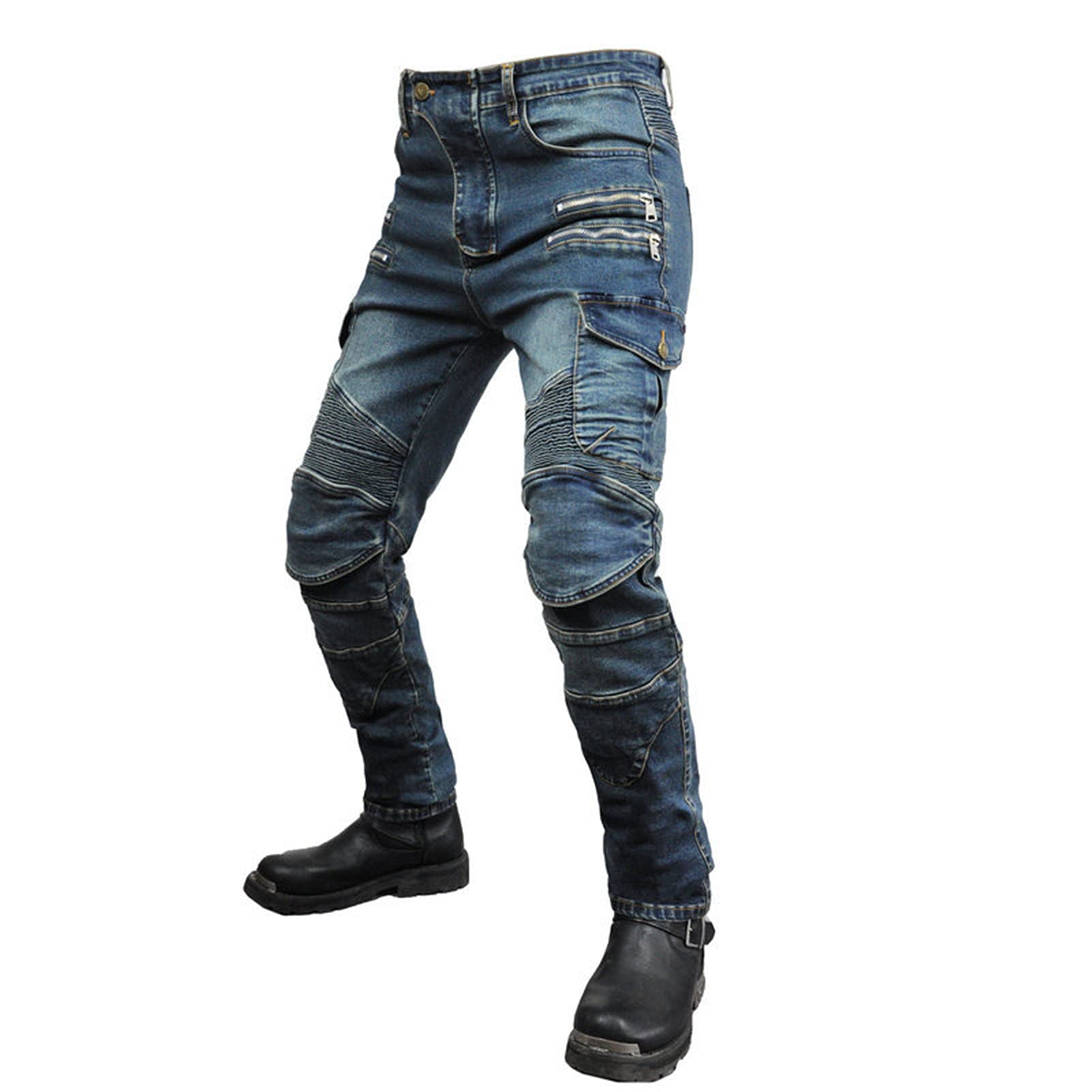 BEDSETS Pantaloni Moto, Pantaloni in Denim Traspirante da Moto da Uomo, Jeans Traspiranti Elasticizzati A Gamba Dritta Resistenti alle Cadute Estive con 4 Dispositivi di Protezione (Blue,4XL)