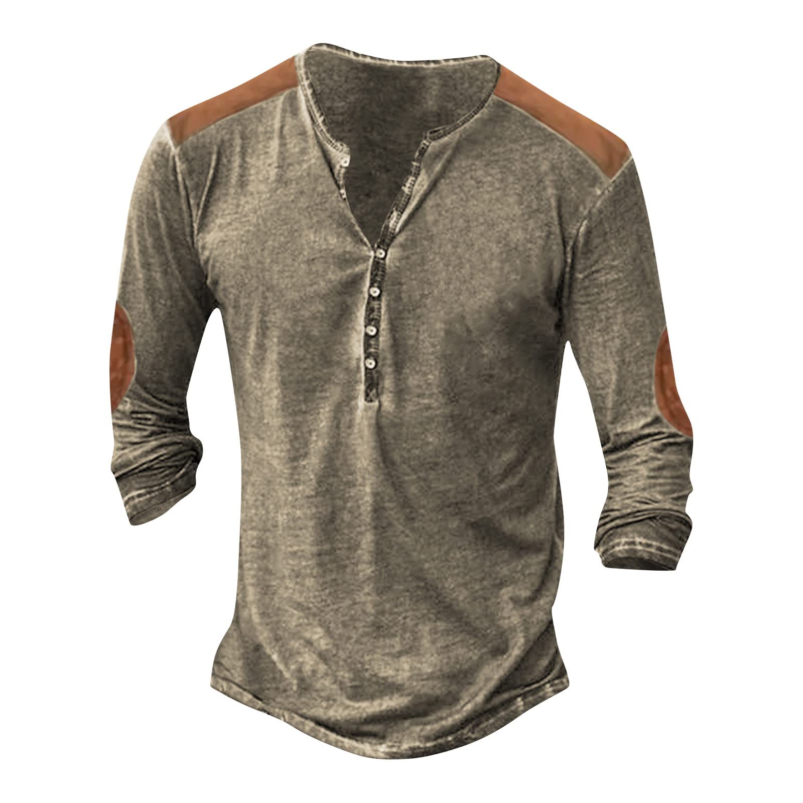 Henley Shirts for Men,Color Block Patchwork Long Sleeve T Shirts V Neck Button Up Shirts Distressed Tops