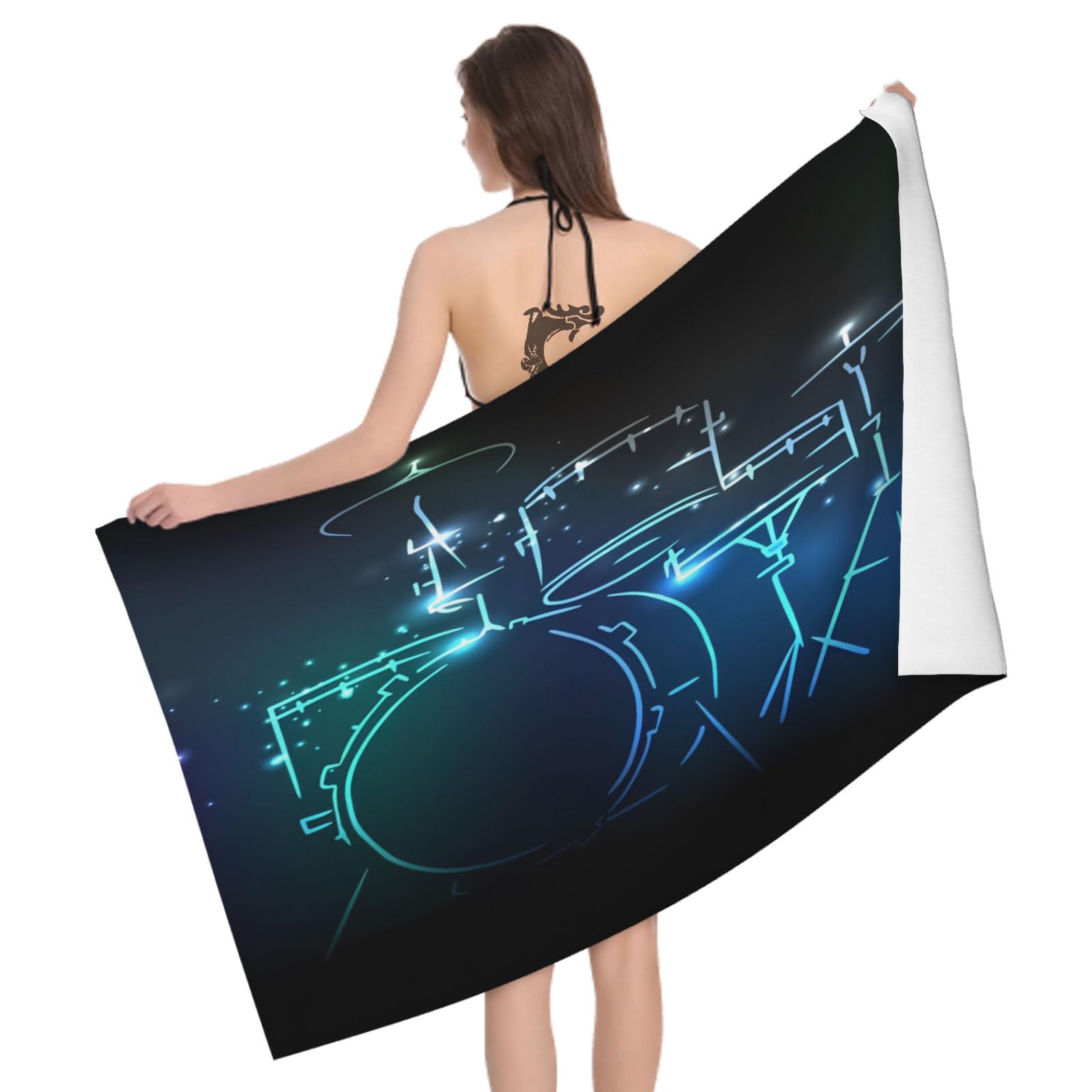 Leichong 3D Drum Kit Beach Towel Large Microfiber Soft Quick Dry for Adults, Dreamy Bath Towel Lightweight Soft Absorbent for Travel Swimming Pool Sports, 180 x 90 cm