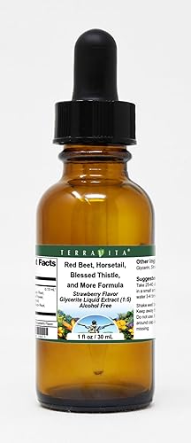 Terravita Extracto líquido de glicerita de remolacha roja, cola de caballo, cardo bendito y más fórmula (15), sabor a fresa (1 oz, ZIN 523802)