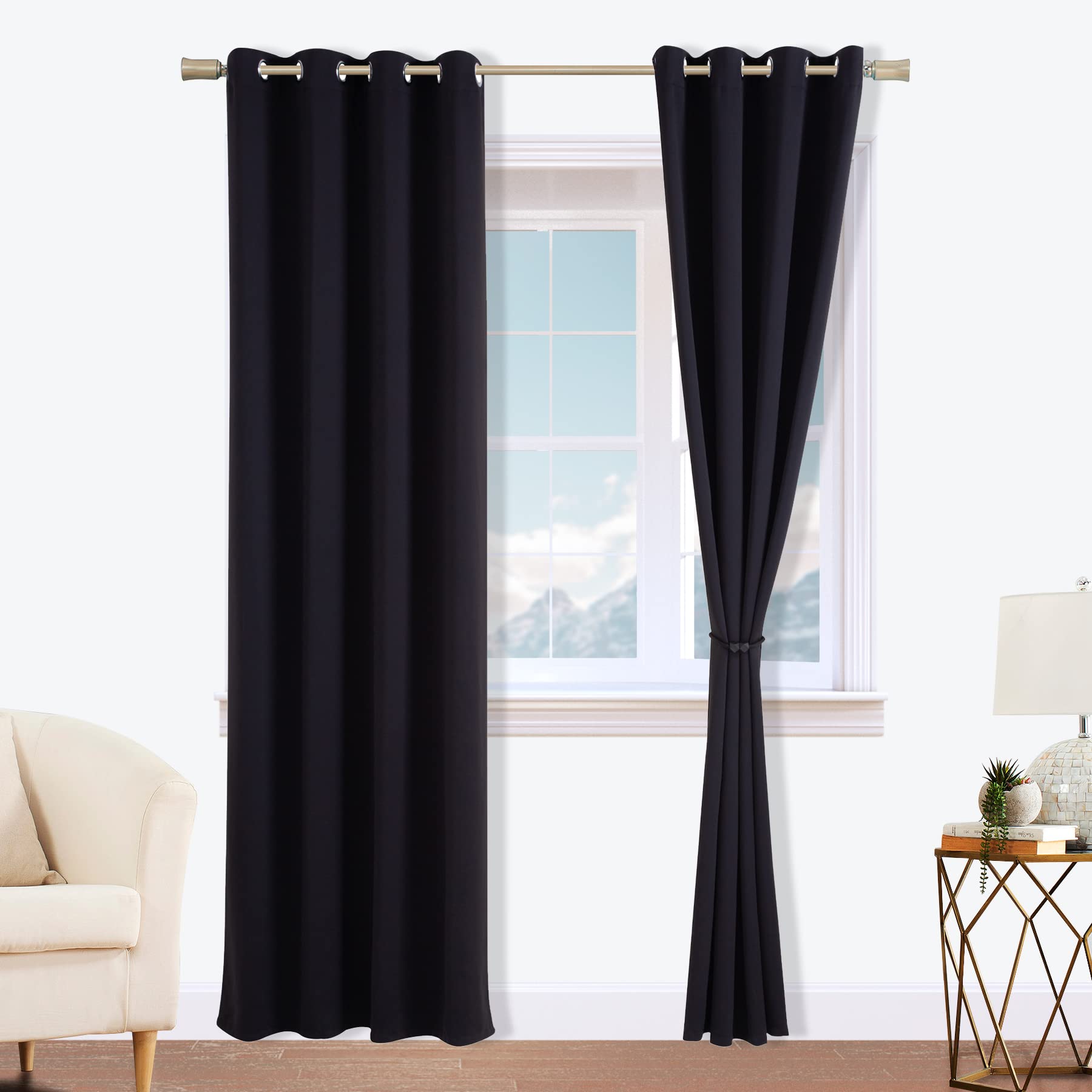 Viste tu hogar Cortinas Opacas Reversibles con Sujeción Magnética, Juego de 2 Piezas Térmicas Aislantes de Frío y Calor para Salón y Dormitorio Moderno, Poliéster Suave Antirrugas, 140x290cm, Negro