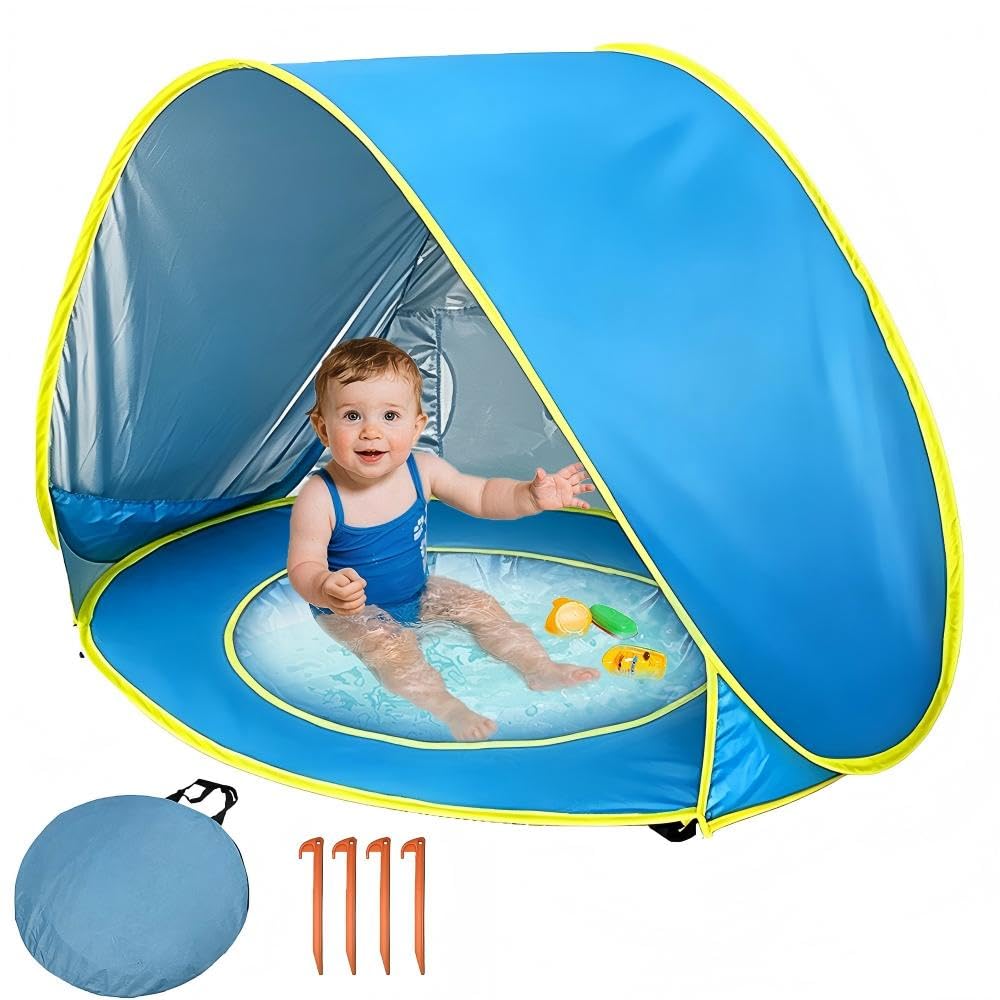 Tenda da Spiaggia Pop-up, Tenda da Spiaggia Bambini con Mini Piscina e Borsa, Tenda per Neonati Pieghevole Portatile Protezione Solare Anti-UV 50+, Tenda Spiaggia Bambini per Campeggio
