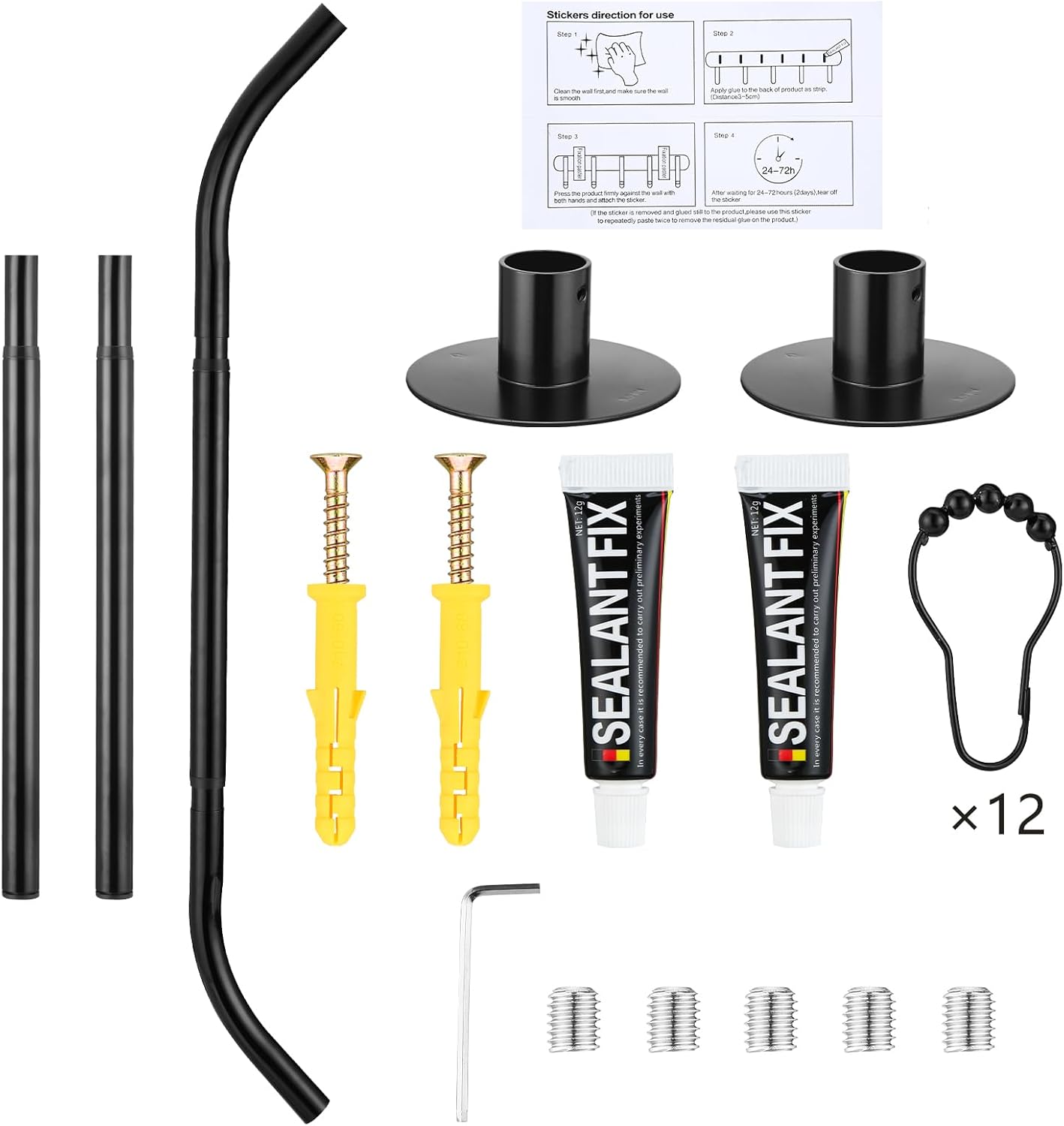 Adjustable Black Corner Shower Curtain Rod with 12 Hooks, 31-41 Inch Diamond Shaped Shower Curtain Rod, Curved Rustproof 304 Stainless Steel Shower Rod for Bathroom Bathtub Drill and No Drill