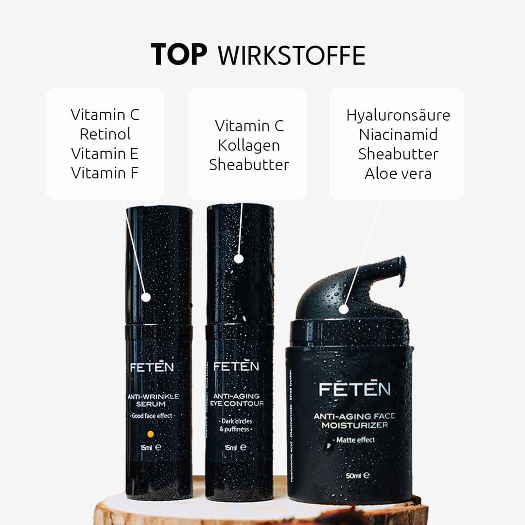 FETEN Skincare Geschenkset Männer - Anti-Aging Pflege Set mit Gesichtscreme Anti-Falten, Augencreme gegen Augenringe & Vitamin C Serum - Kosmetik & Gesichtspflege Männer
