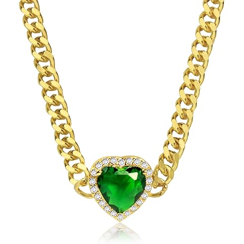 Diamond Necklace for Women Gold Cuban Link Chain Emerald Gemstone Green Crystal Pen...