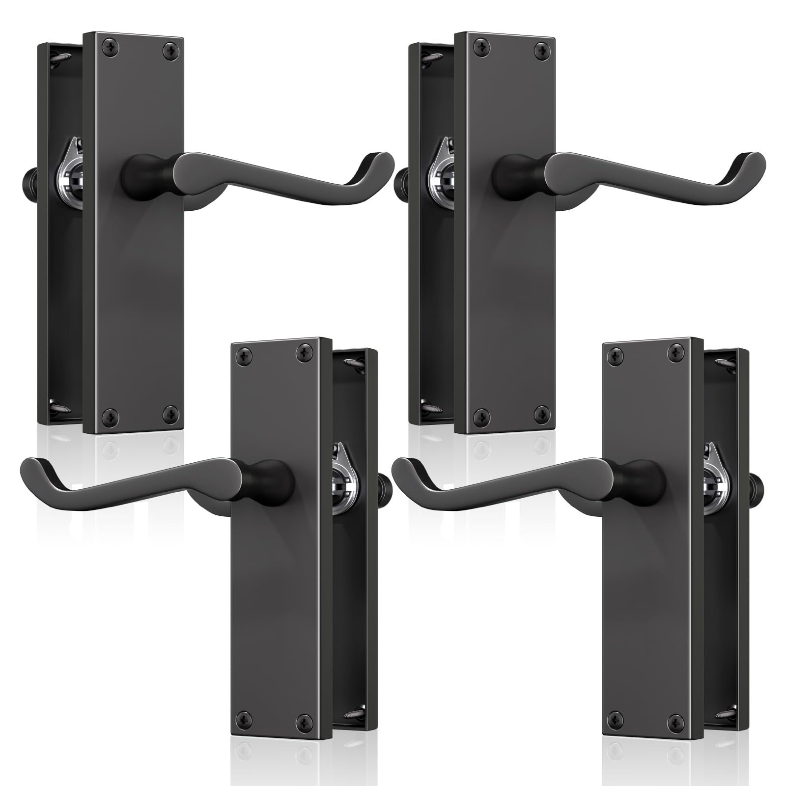 4 Jeu de poignée de porte de style Victorien en noir miroir, avec panneau léger non poreux et plaque arrière, idéal pour tous types de portes intérieures