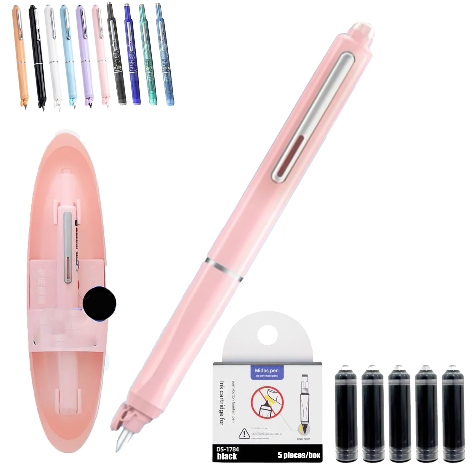 Qosneoun Retractable Fountain Pen, Refillable Fountain Pen, 0.38mm Blue&Black Ink Transparent Barrel Includes 5 Refillable Ink Cartridges for Smooth Writing No Leaking (Pink, Non-erasable black)