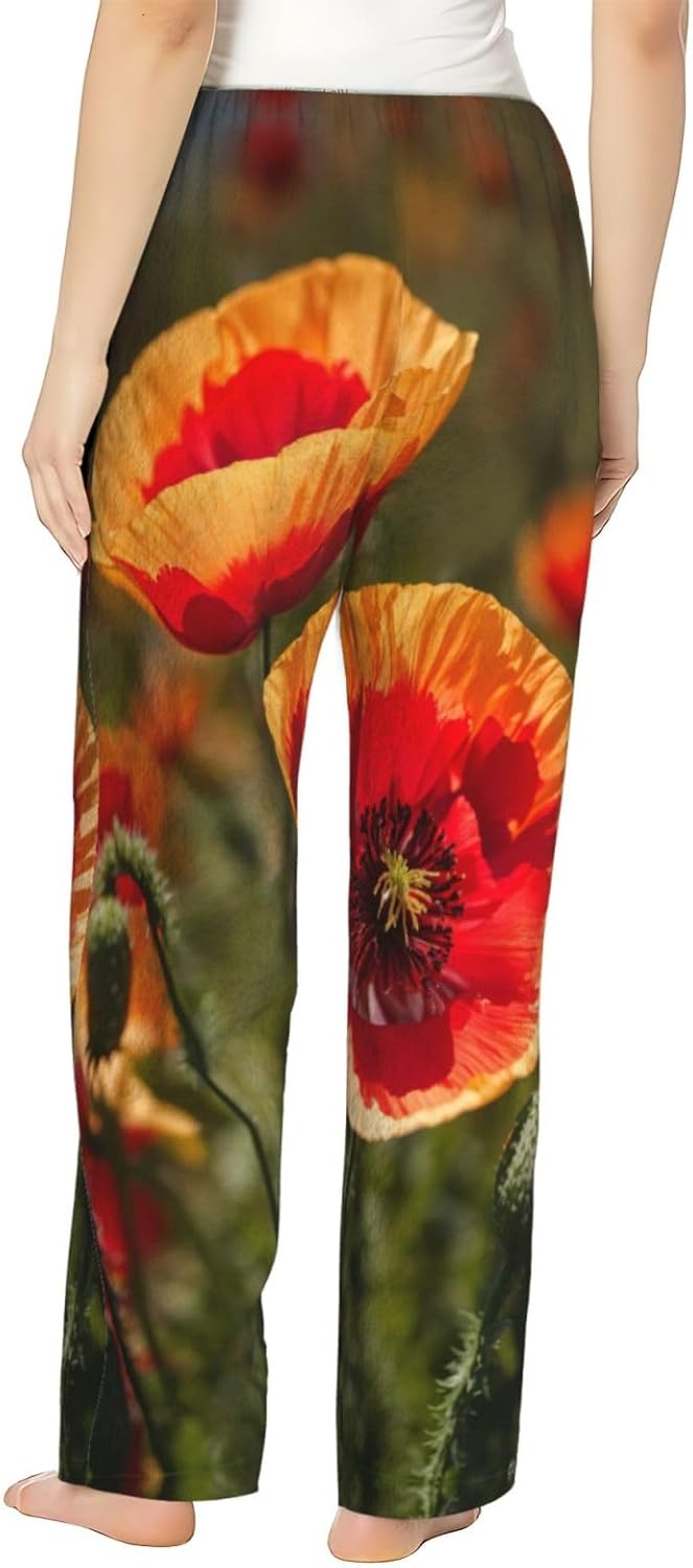 Poppy Flowers Print Cozy Flannel Pajama Pants For Women,Warm Christmas Pj Pants,Cute Fleece Pajamas