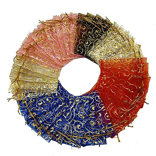 Image of Beingelegant - Pack of 100 Women's Organza Net Potli Bags for Pooja, Return Gifts for Wedding, Sangeet, Shagun- Multi Coloured (Multi, 14X10)