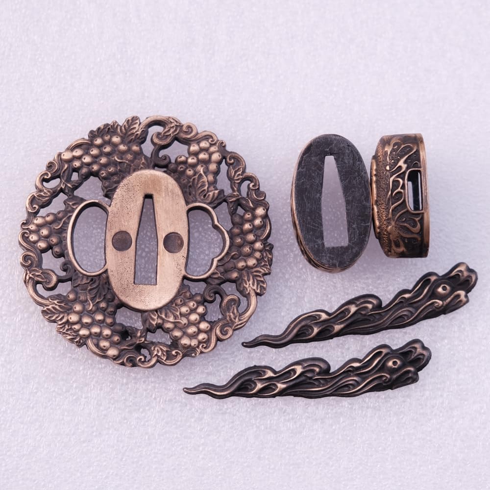 BOHIHYU Antique Copper Samurai Tsuba Fuchi Kashira Menuk Set - Dragon Phoenix Buddha Demon Floral Motif (GTS10, 7.5x7.5cm)