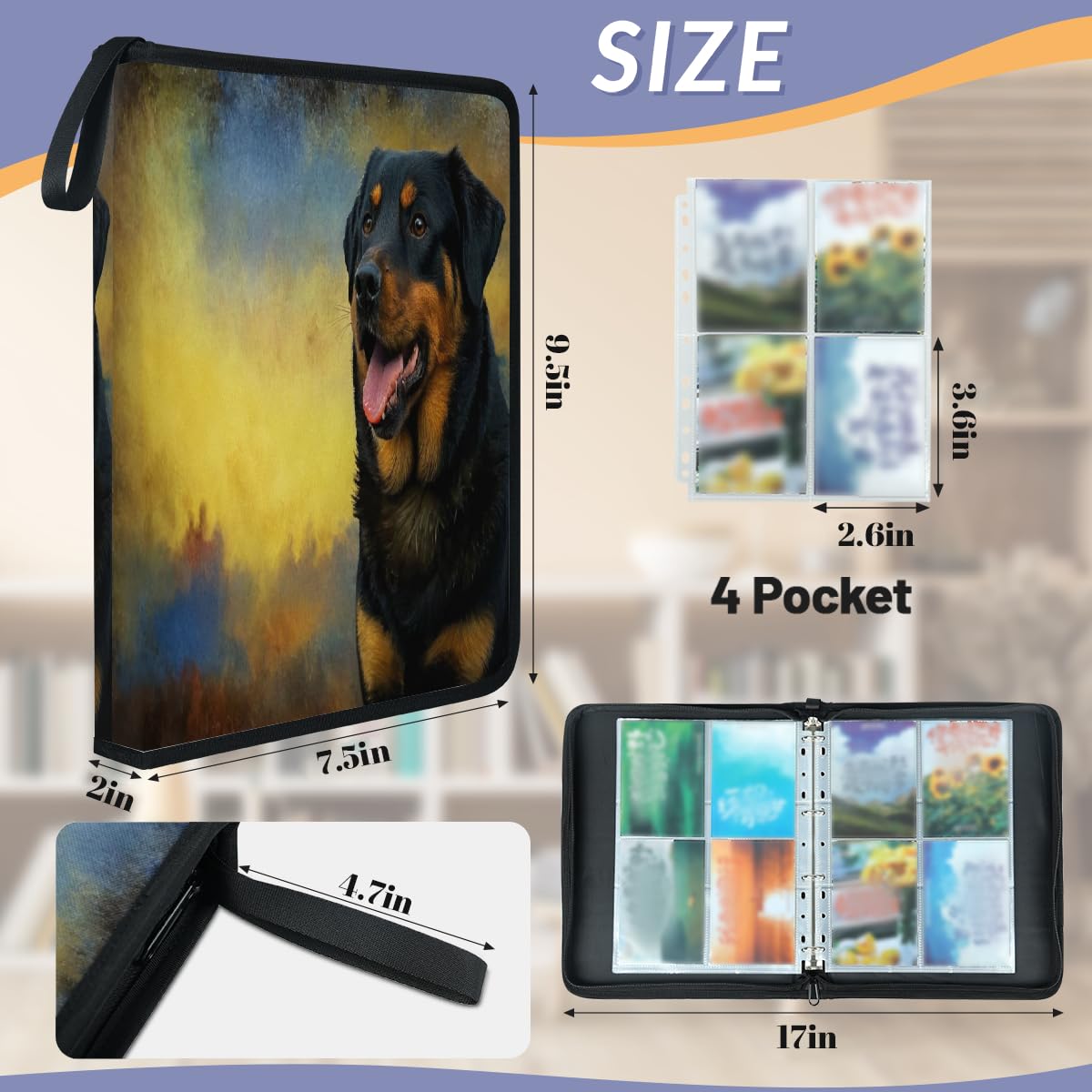 Raccoglitore per carte collezionabili con 4 tasche a forma di rottweiler, con tasche rimovibili, impermeabile, con cerniera, 50 pagine, capacità 400 carte