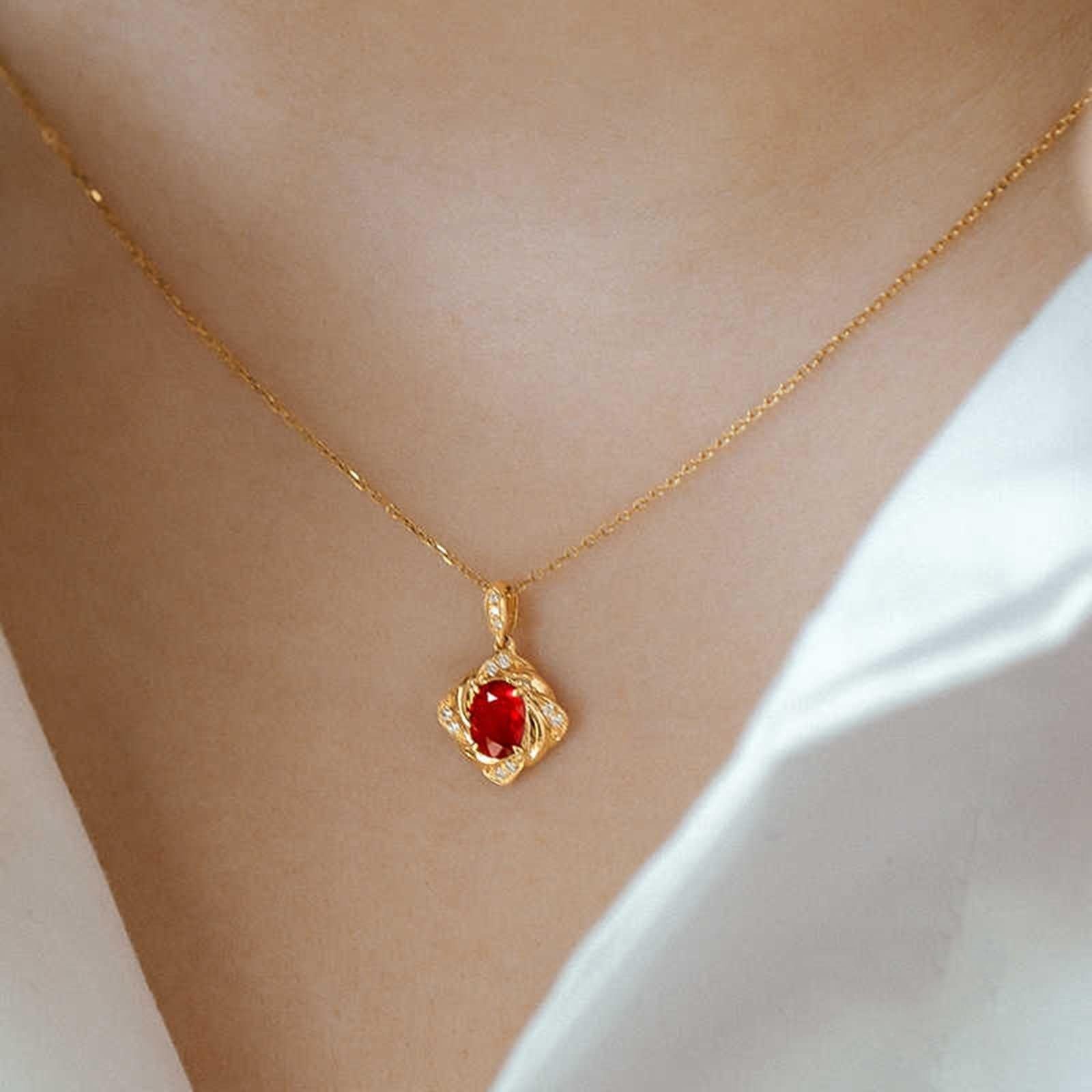 Łańcuszek na szyję długi dla kobiet, łańcuszek damski, na rocznicę, owalny, 0,4 ct rubin i diament żółte złoto