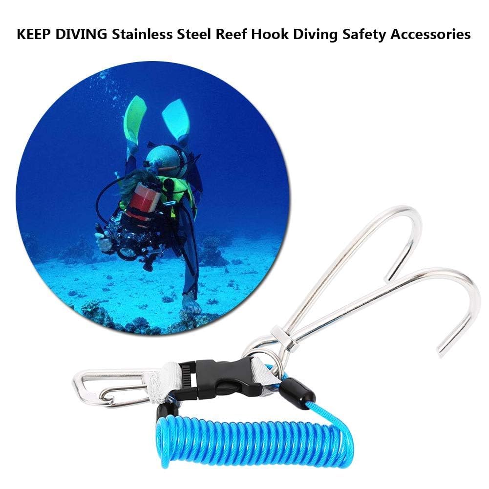 Agatige Crochet Récif Plongée, Crochet Récif Plongée en Acier Inoxydable Coral Rock Drift Reef Hook Plongée sous-Marine Sécurité Accessoires Plongée Longe en Spirale avec Boucle à Dégagement Ra