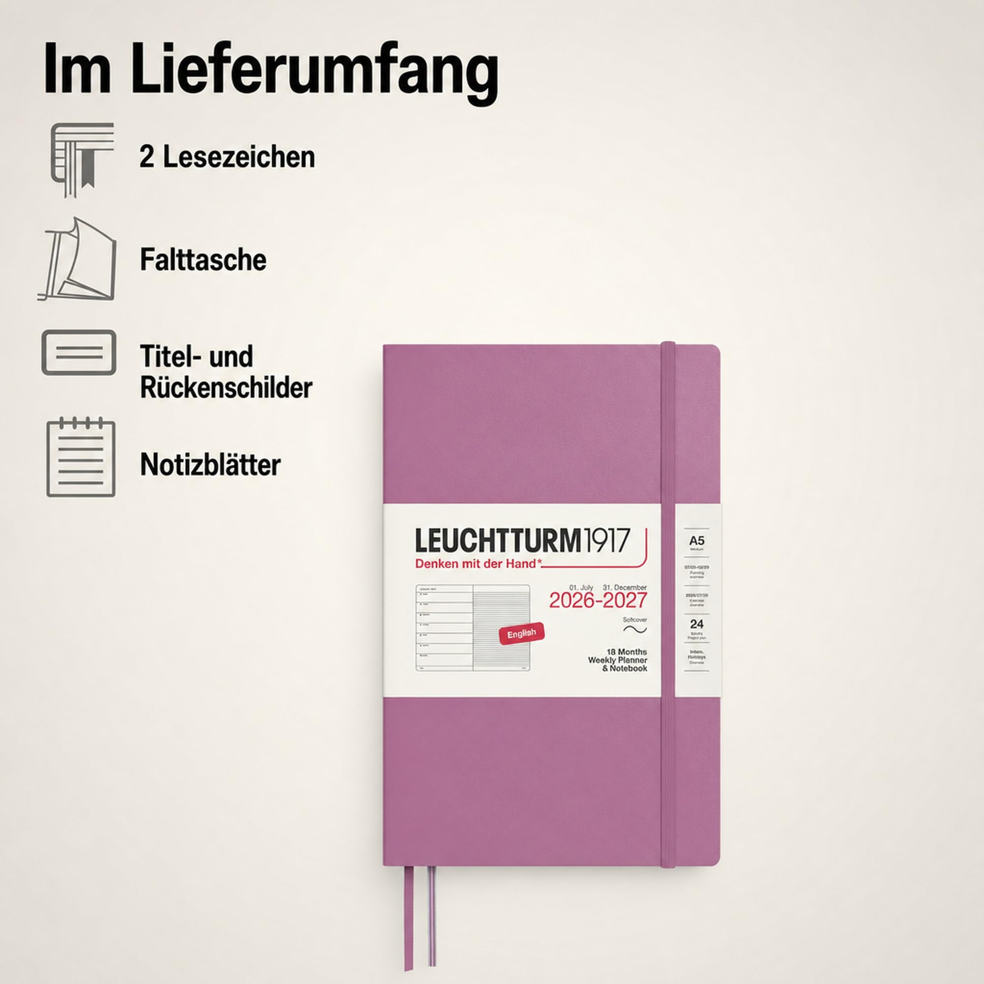 LEUCHTTURM1917 - Agenda settimanale e taccuino con copertina morbida, formato A5, 18 mesi, luglio 2026 - dicembre 2027, inglese, rosa antico