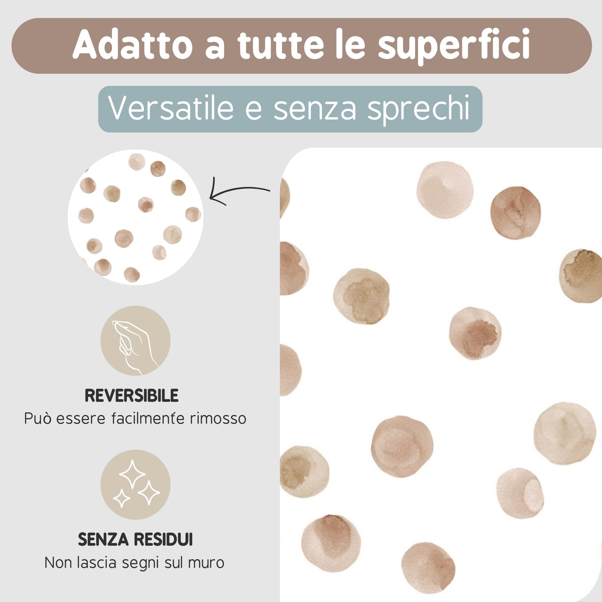 Adesivi Murali Bambini | Adesivi Cameretta Bambino Bimba Pois Acquerello | Effetto Carta da Parati Adesiva | Copre 6 m² | 200 pezzi | TRESXICS (Marrone)