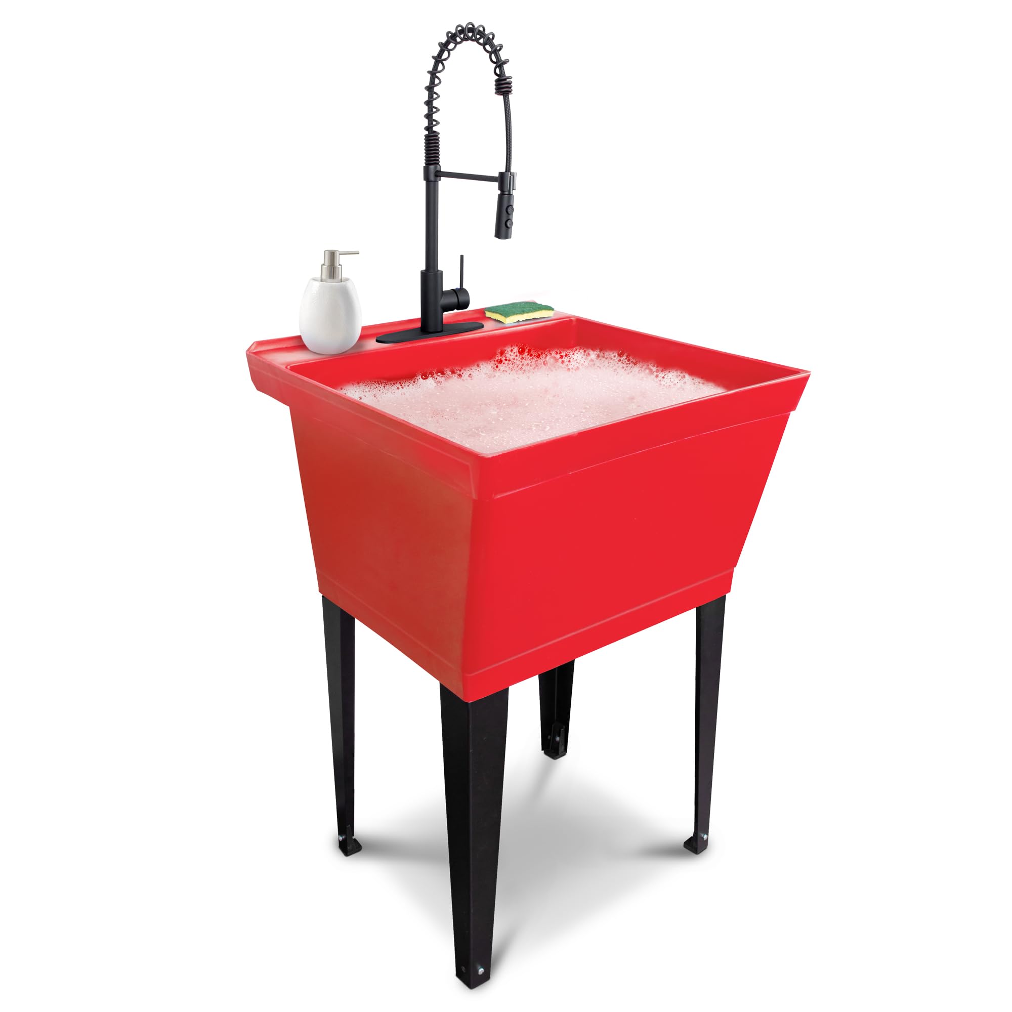 Utility Sink Extra-Deep Laundry Tub in Red with High-Arc Coil Pull-Down Sprayer Faucet in Matte Black, Integrated Supply Lines, P-Trap Kit, Heavy Duty Floor Mounted Freestanding Wash Station