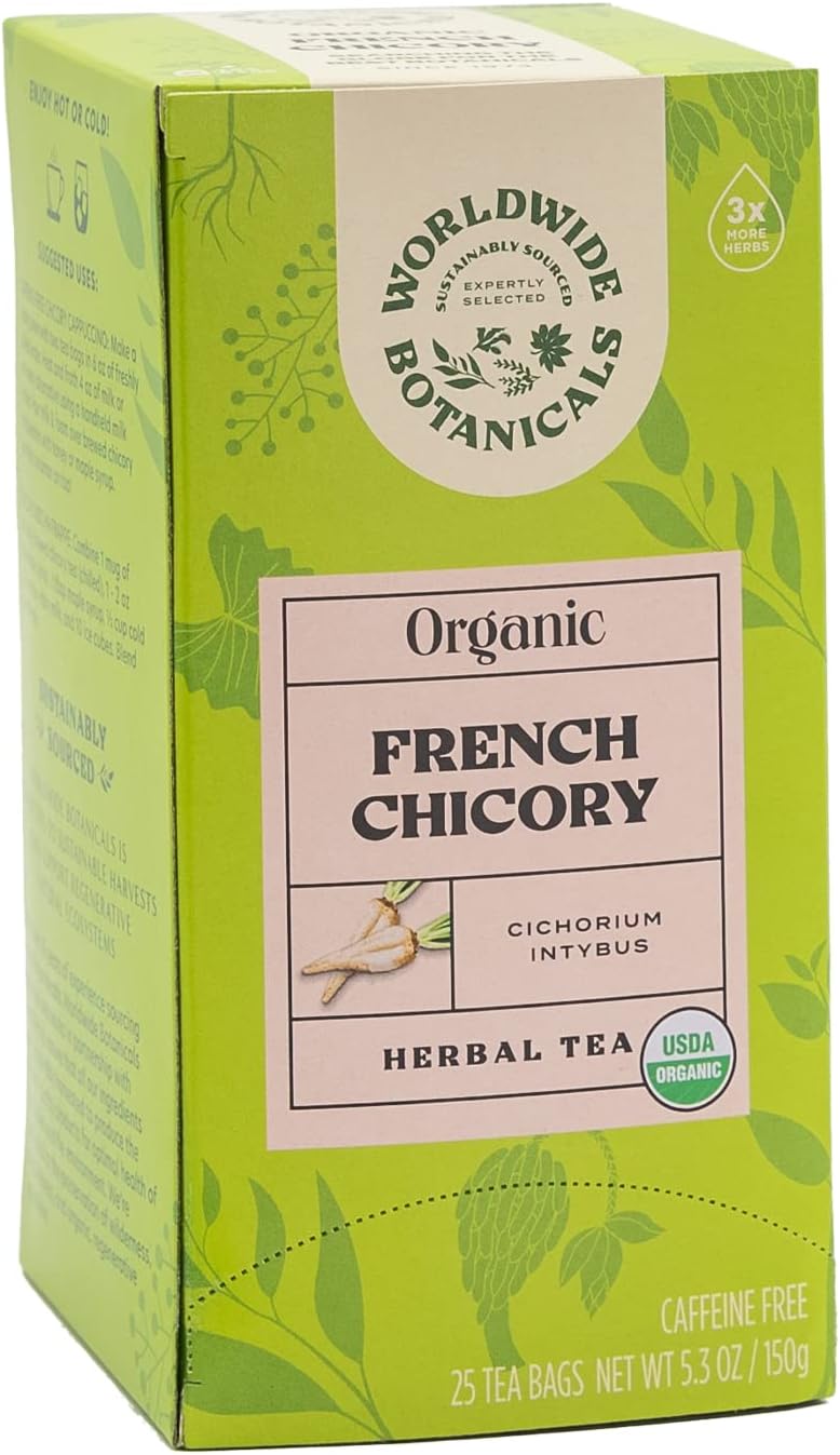 Organic French Chicory Root Tea, 25 Tea Bags - 3x herbs with 6g per teabag - Prebiotic, Roasted - Acid Free, Caffeine Free, Kosher