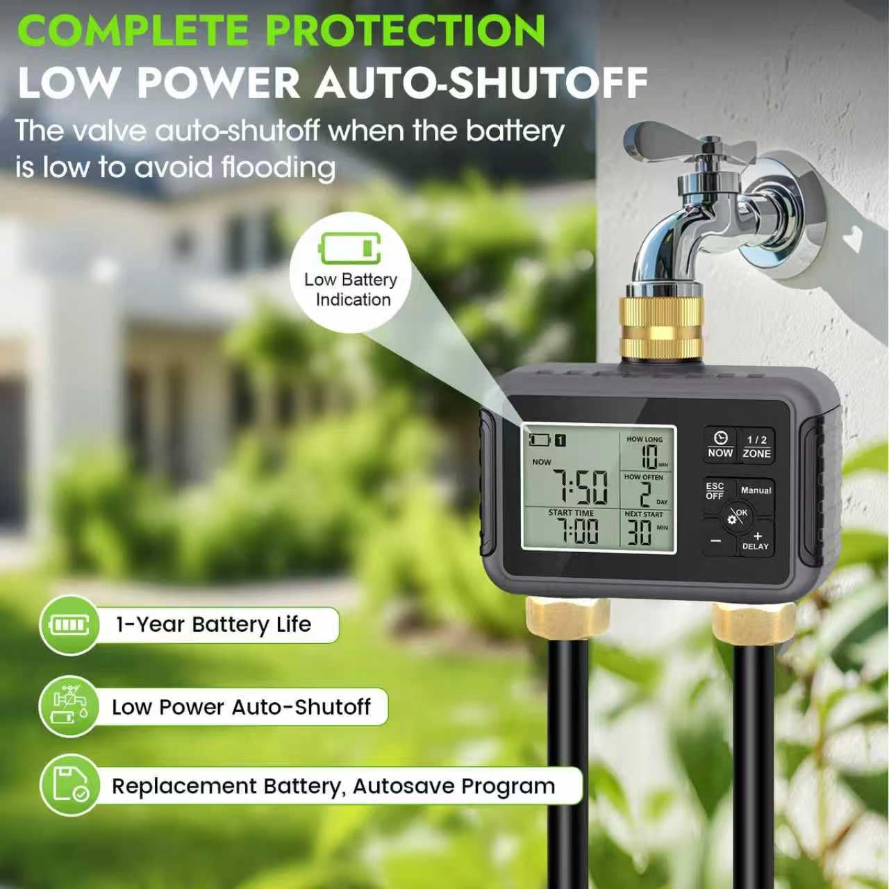 Sistema di irrigazione a goccia da 30 m con timer intelligente – Kit di irrigazione automatica da giardino con connettori in ottone a doppio tubo metallico, ugelli regolabili a 360° e tubo pieghevole